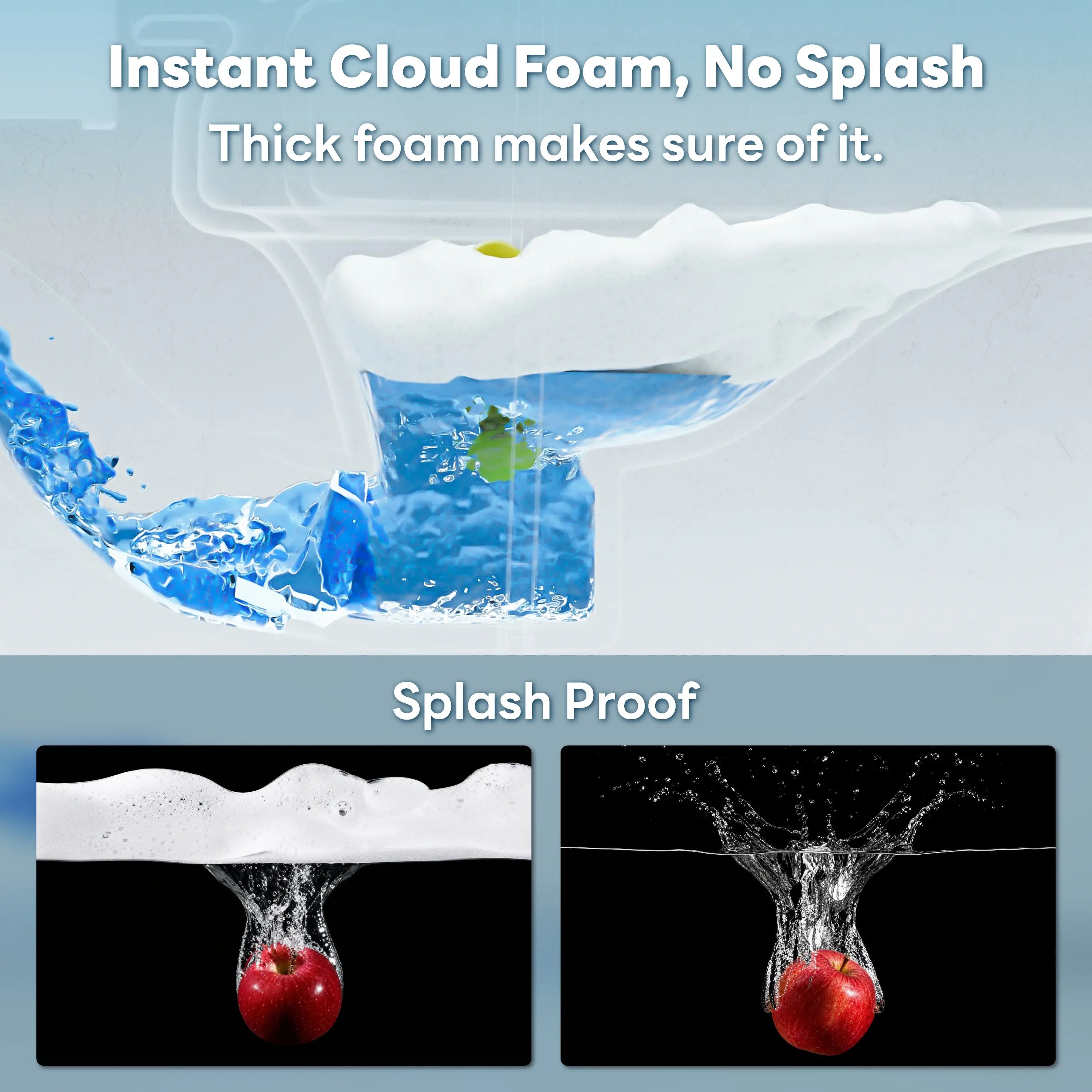 Promotional graphic for a splash-proof cloud foam product. Large text at the top reads 'Instant Cloud Foam, No Splash.