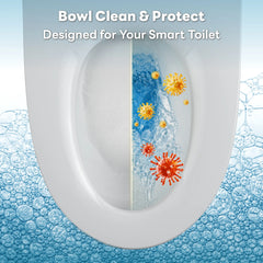 A white toilet bowl shown with the text 'Bowl Clean & Protect' and 'Designed for Your Smart Toilet' at the top. The right side of the bowl has blue water with illustrated yellow and orange virus-like droplets, while the left side is clean white water with bubbles.