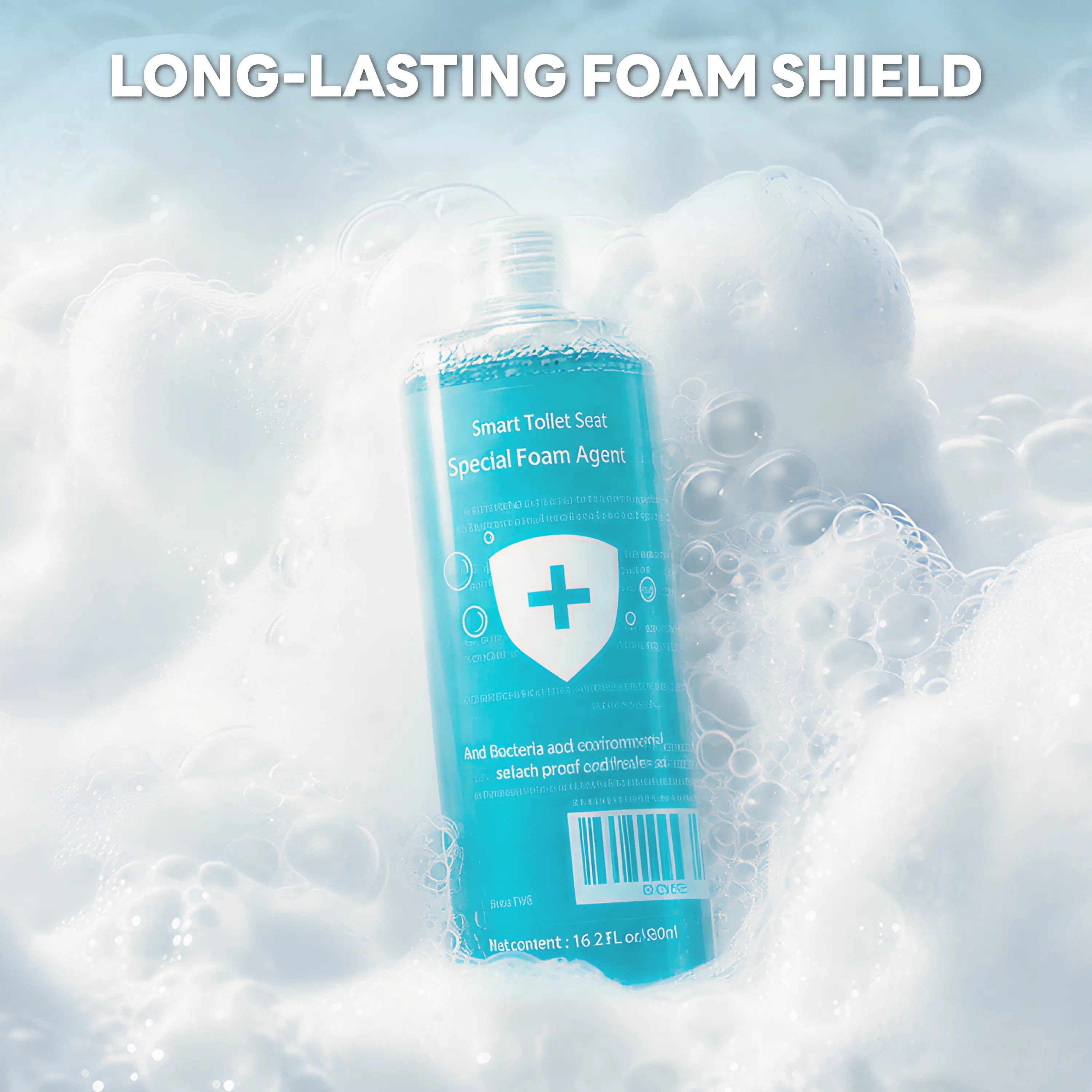 A turquoise bottle of Smart Toilet Seat Special Foam Agent stands in a bubbly, foamy scene with large white text at the top reading 'LONG-LASTING FOAM SHIELD.' The product is centered and clearly the item being sold, with no person or real environment visible, so this fits Product/Packaging rather than Lifestyle.