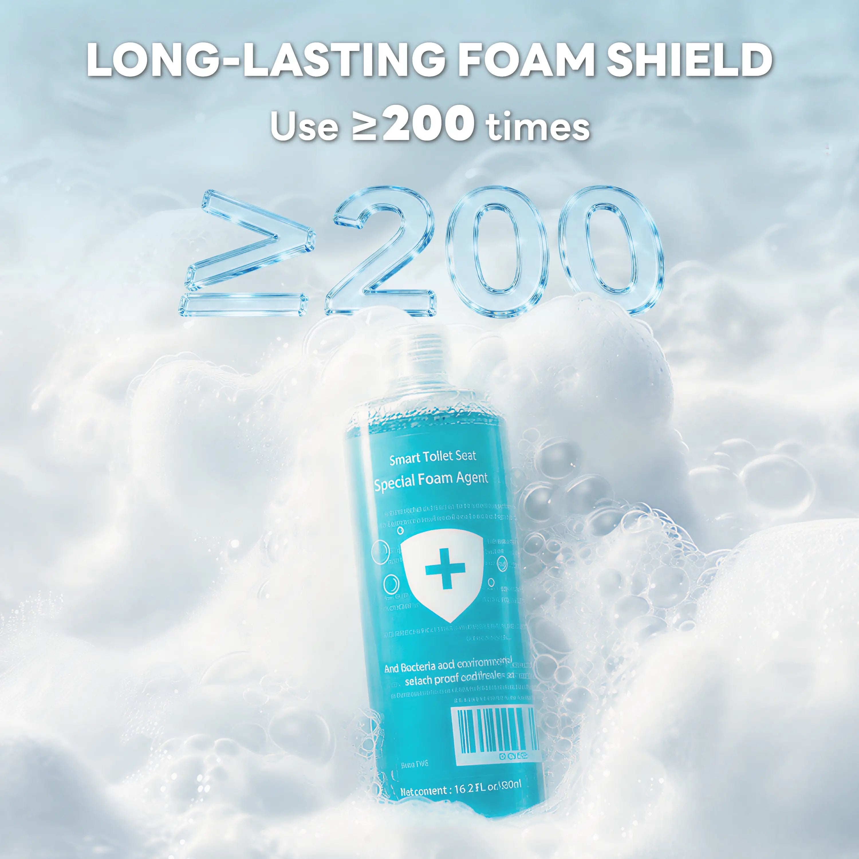 A bottle of Smart Toilet Sour Special Foam Agent stands in foamy water with large text reading 'LONG-LASTING FOAM SHIELD Use ≥200 times' and '≥200' in icy transparent letters above it.