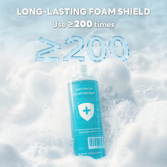 A bottle of Smart Toilet Sour Special Foam Agent stands in foamy water with large text reading 'LONG-LASTING FOAM SHIELD Use ≥200 times' and '≥200' in icy transparent letters above it.