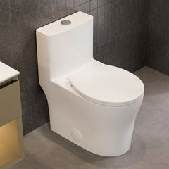 Casta Diva Round Toilet White 1-Piece Toilet for Small Bathrooms, Power Dual Flush and MAP 1000g (Seat Included), 12'' Rough-in