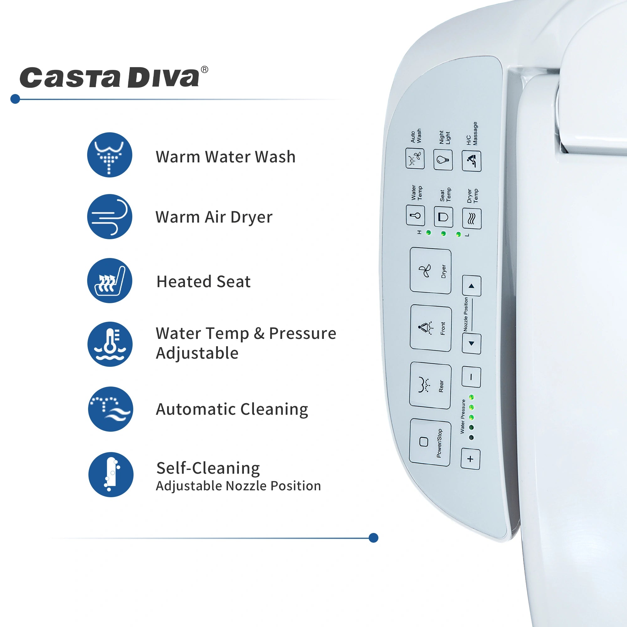 Casta Diva Elongated Electric Bidet Toilet Seat with Side Panel CD-BT05-2