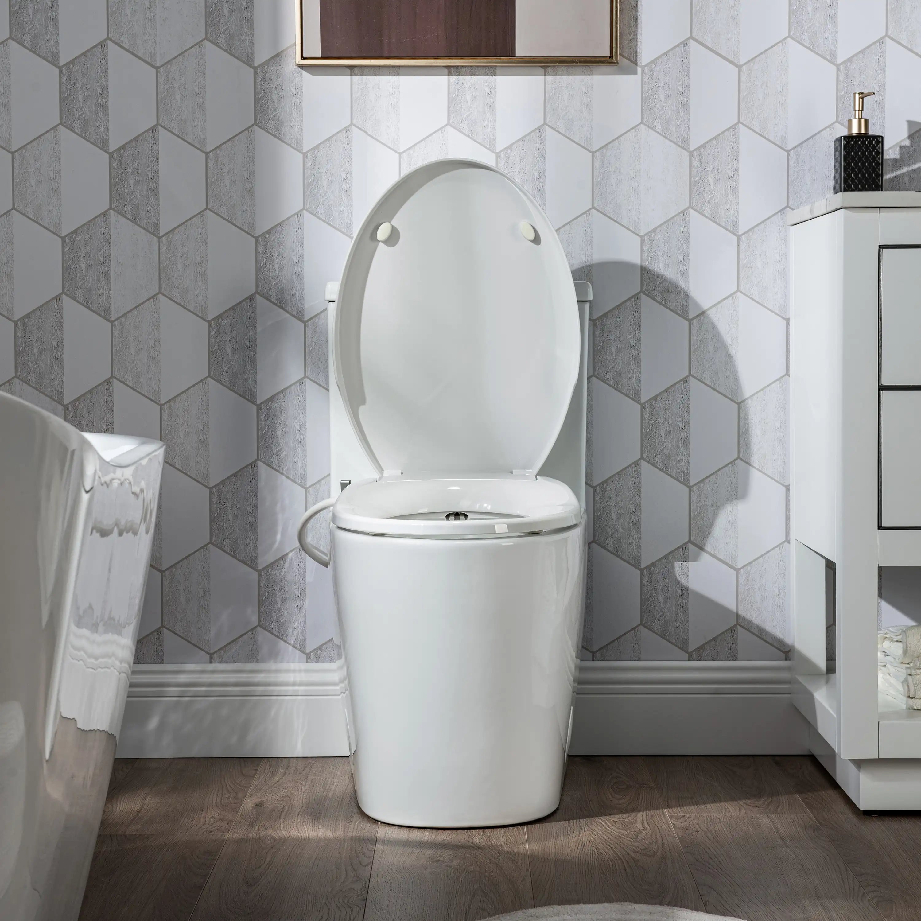 Open lid view of Casta Diva non-electric bidet toilet showing dual nozzles and seat design, model CD-BT04