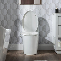 Open lid view of Casta Diva non-electric bidet toilet showing dual nozzles and seat design, model CD-BT04
