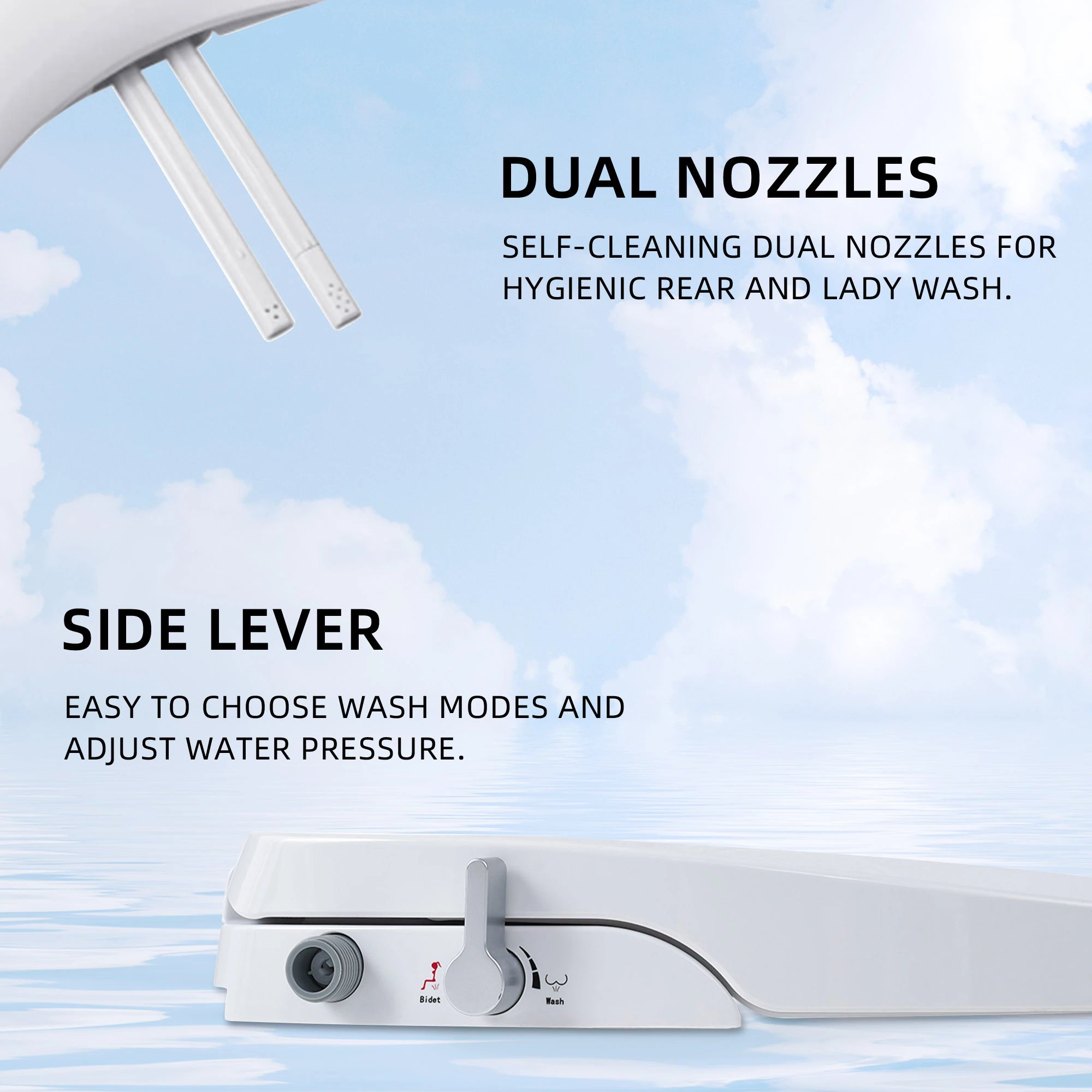 Dual self-cleaning nozzles for rear and feminine washing on Casta Diva non-electric bidet toilet, model CD-BT04