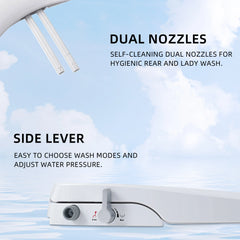 Dual self-cleaning nozzles for rear and feminine washing on Casta Diva non-electric bidet toilet, model CD-BT04