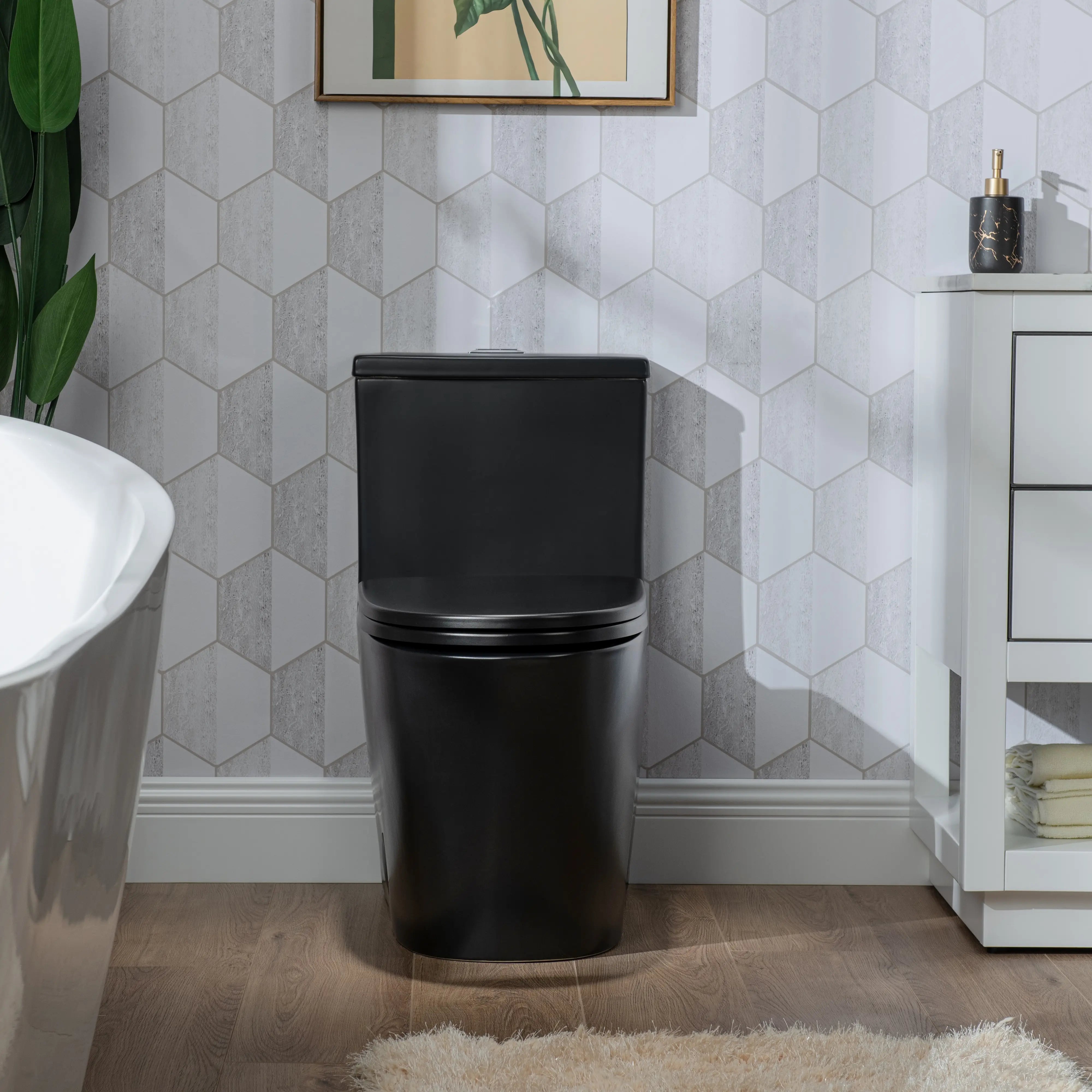 Front view of Casta Diva black one-piece elongated toilet with dual flush and sleek modern design, model CD-T002