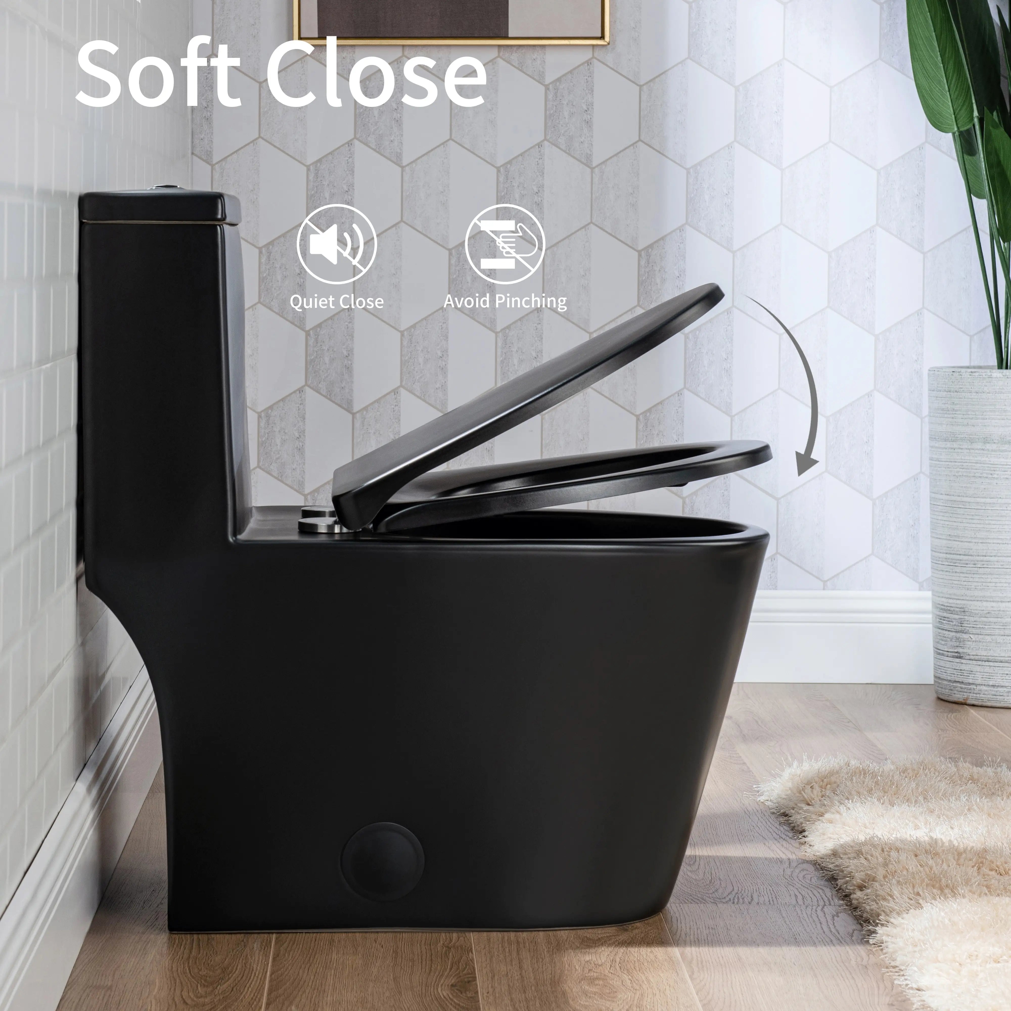 Soft-close seat and lid feature for quiet operation on Casta Diva black one-piece toilet, model CD-T002