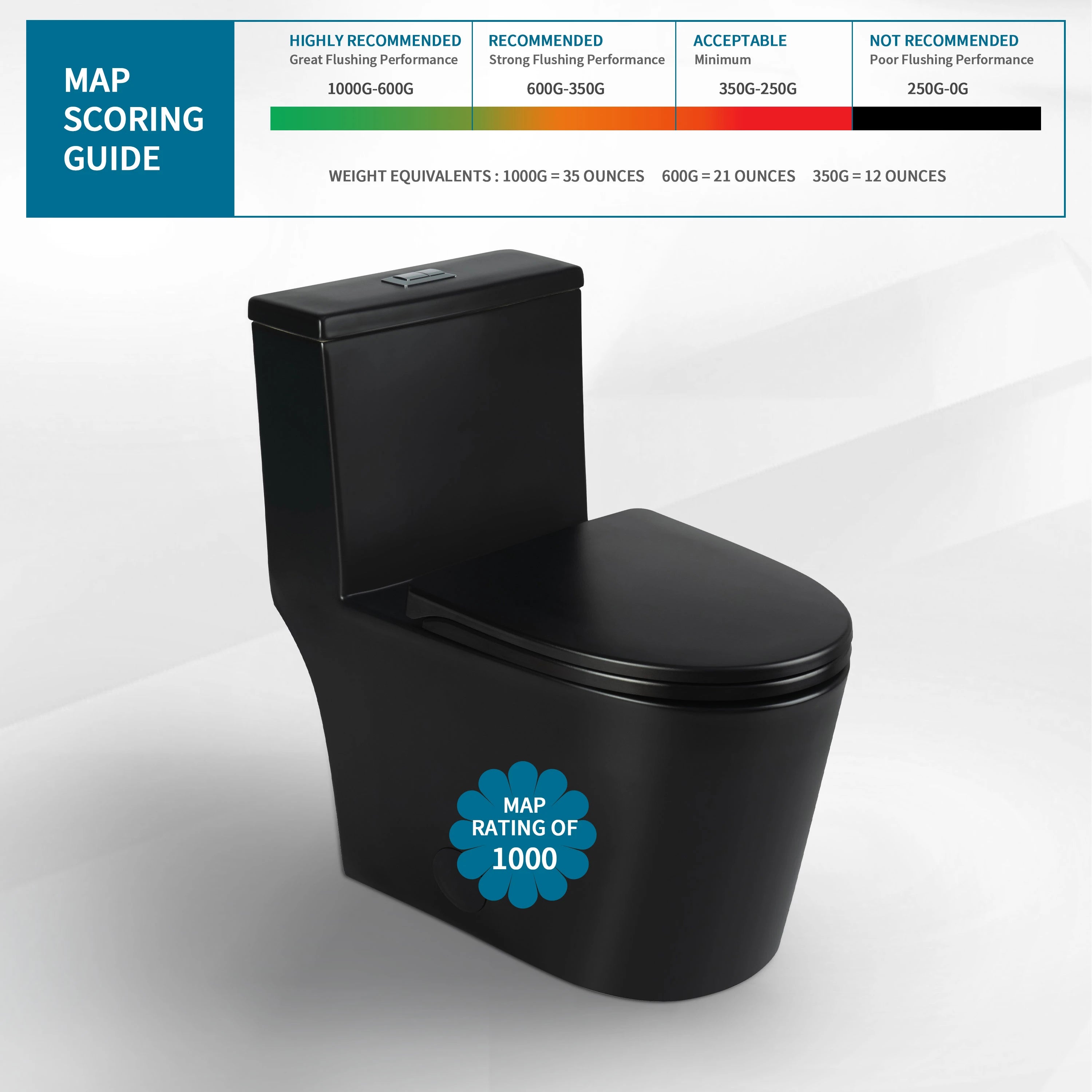 High-efficiency flush performance with 1000 gram MaP score on Casta Diva black one-piece toilet, model CD-T002