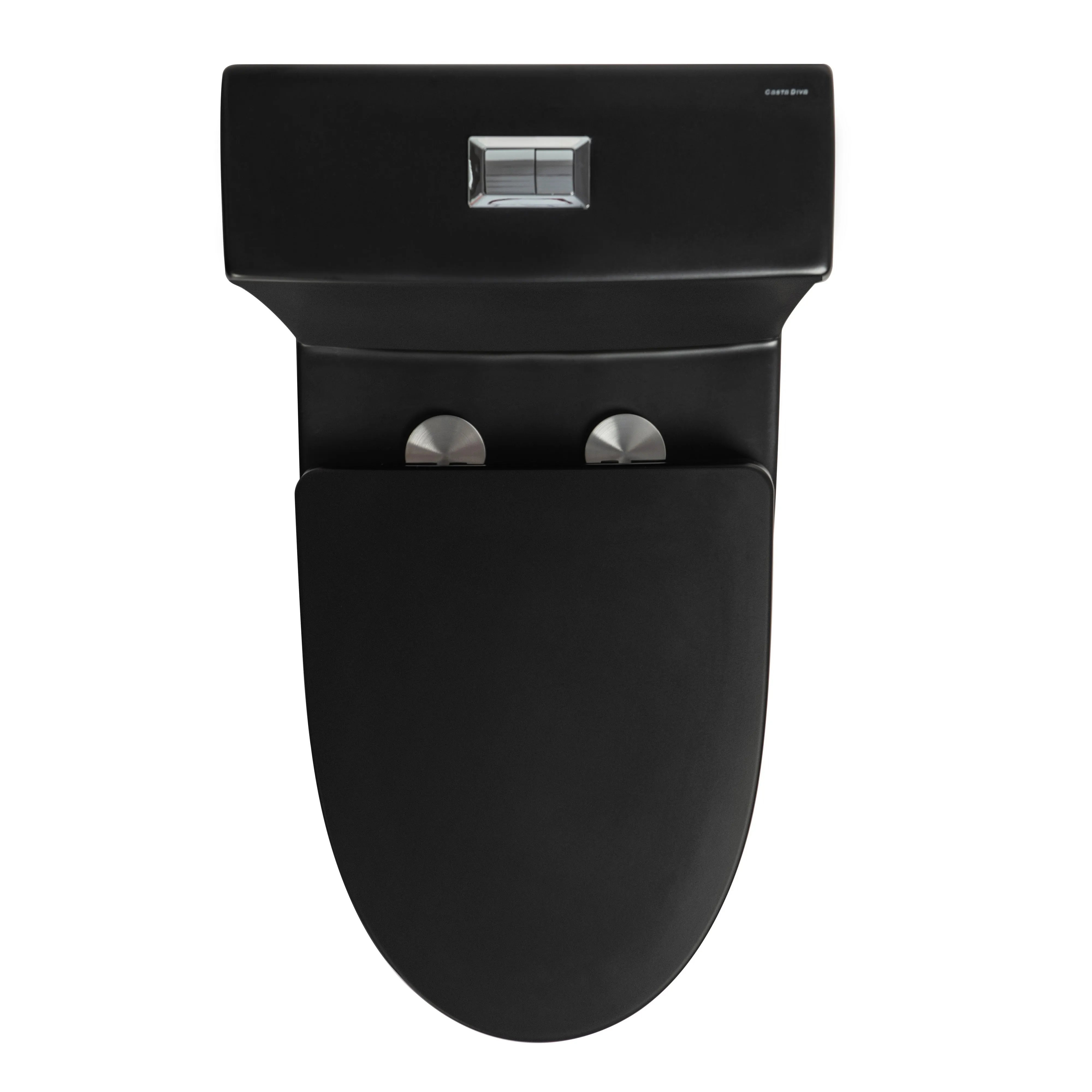 Top-down view of Casta Diva elongated black toilet showing full bowl and seat design, model CD-T002