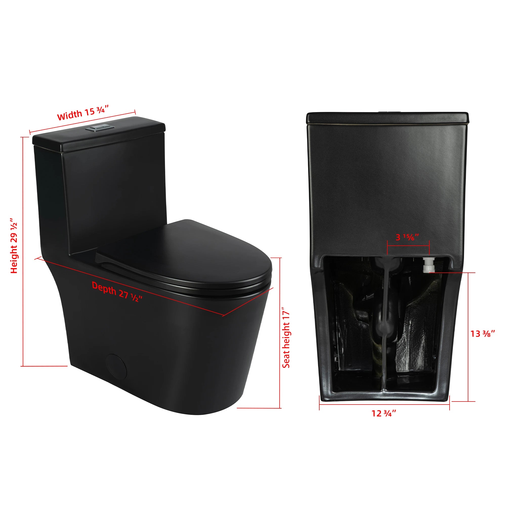 Product dimensions diagram of Casta Diva one-piece black toilet with dual flush system, model CD-T002