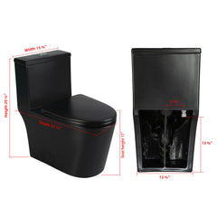 Product dimensions diagram of Casta Diva one-piece black toilet with dual flush system, model CD-T002