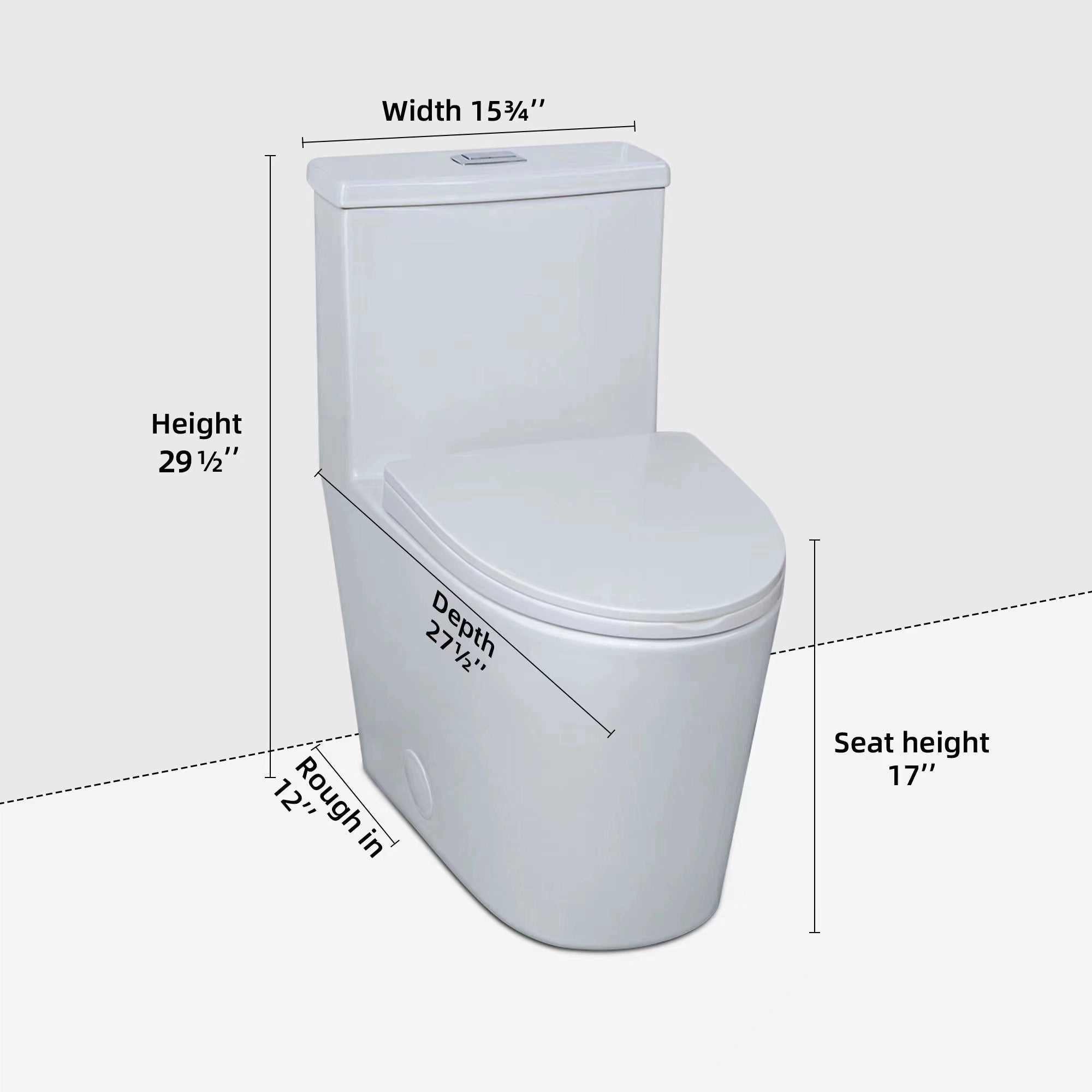 Overall dimensions diagram of Casta Diva one-piece elongated toilet with 12-inch rough-in, model CD-T001