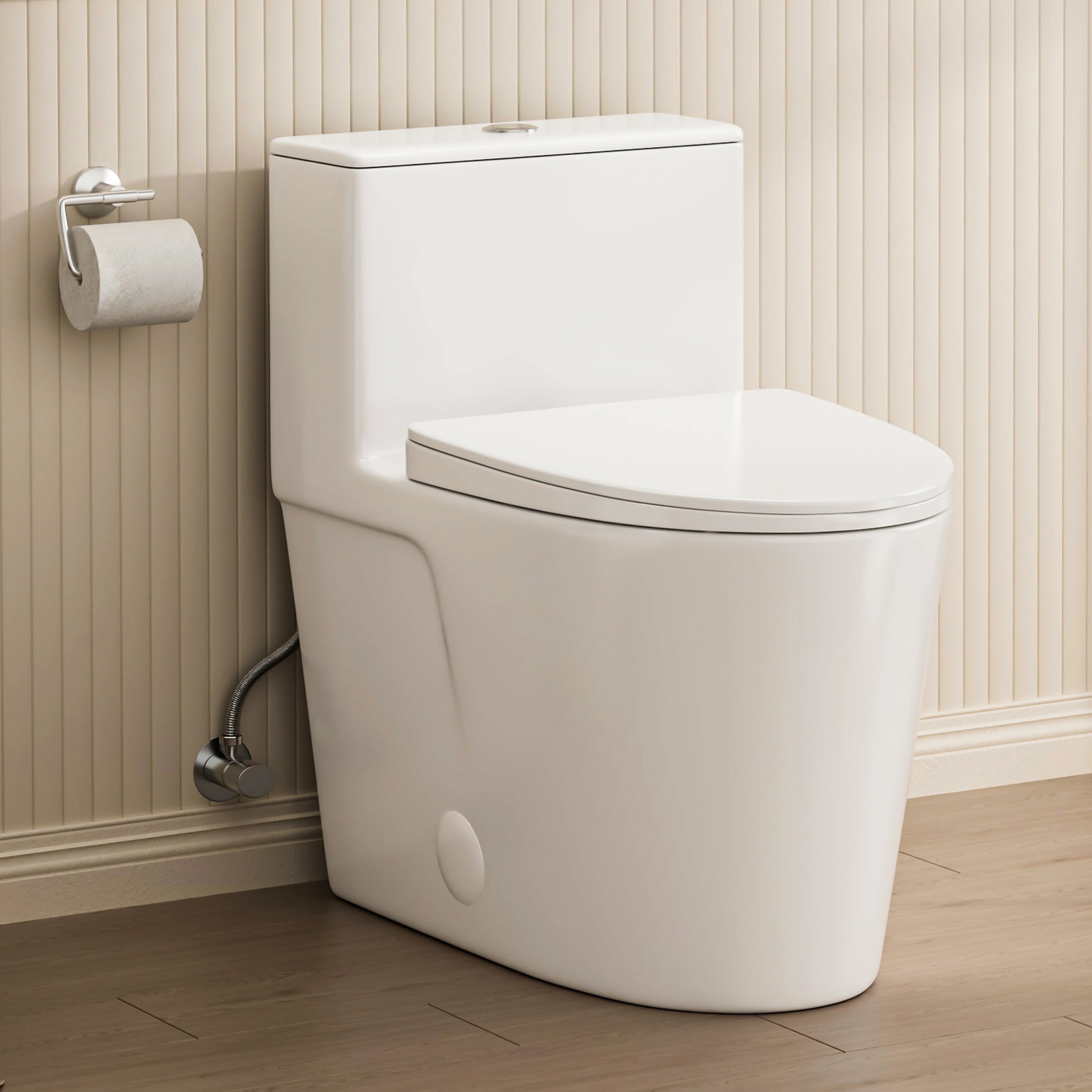 Left side view of Casta Diva one-piece elongated toilet with dual flush and 12-inch rough-in, model CD-T004