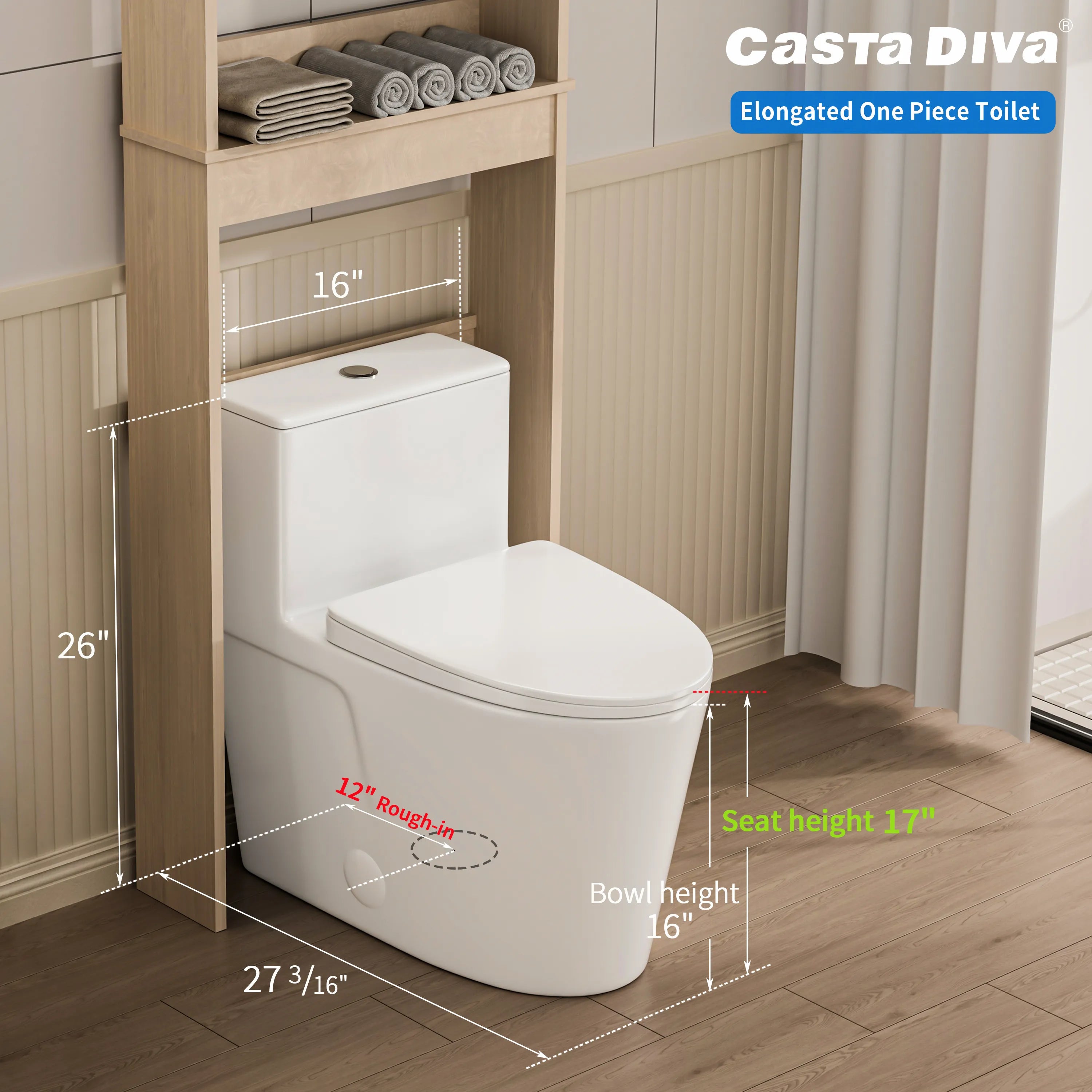 Dimensions diagram of Casta Diva elongated one-piece toilet with 1.0 and 1.6 GPF dual flush, model CD-T004