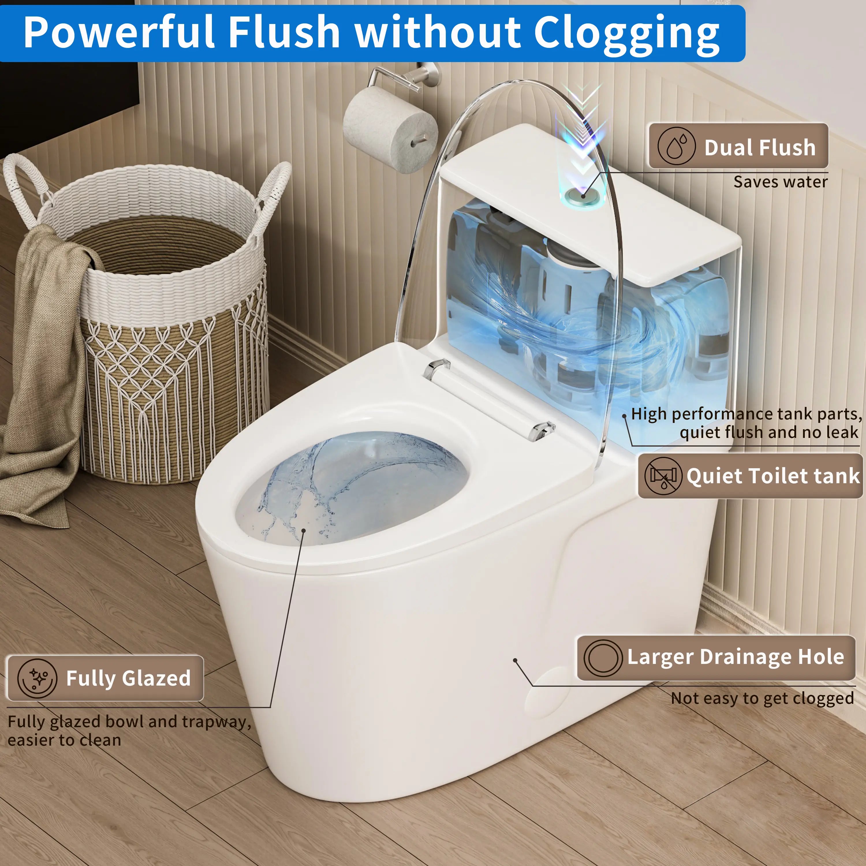 Powerful dual flush system demonstration of Casta Diva elongated one-piece toilet, model CD-T004