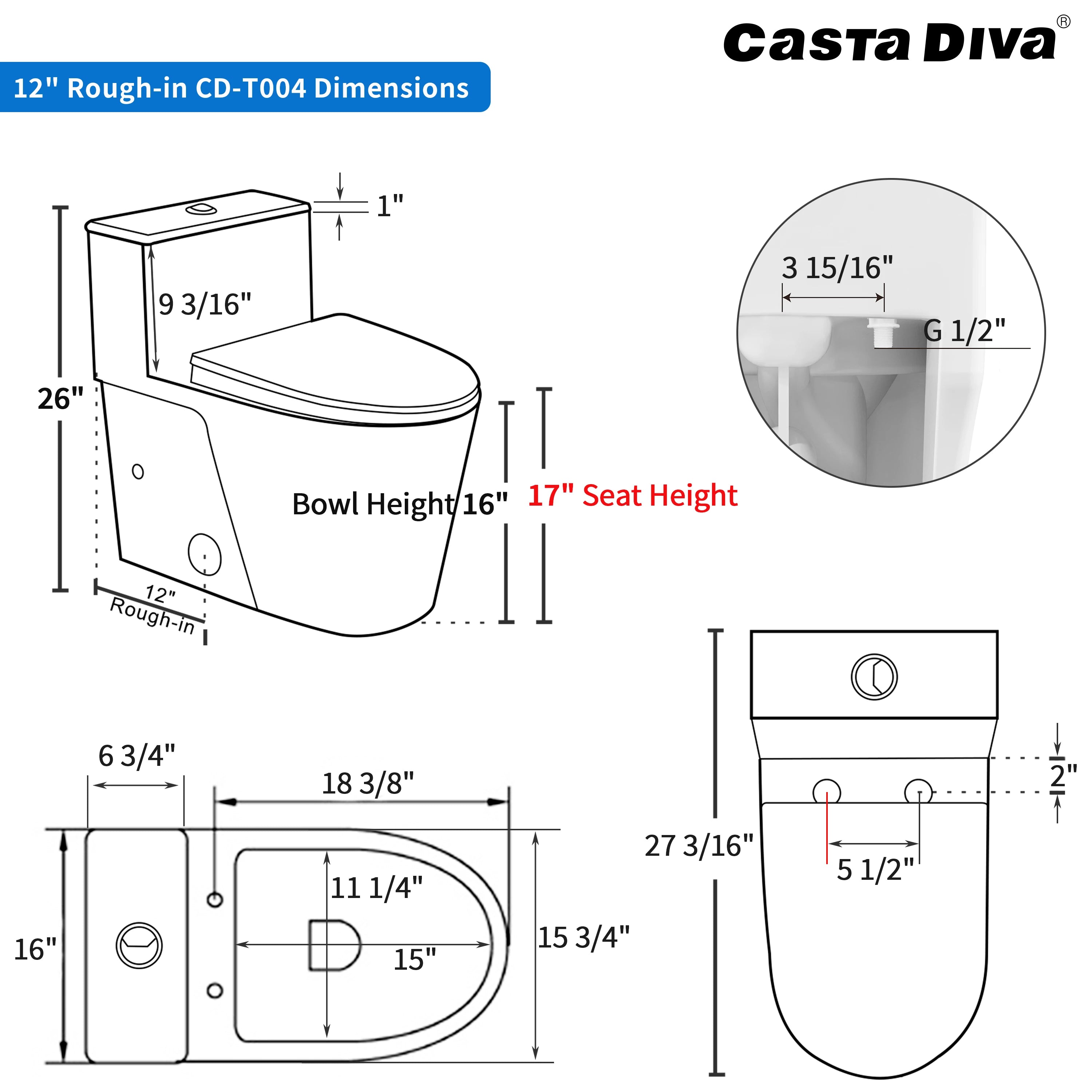 Line drawing dimensions of Casta Diva elongated one-piece toilet with 12-inch rough-in, model CD-T004