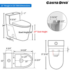 Line drawing dimensions of Casta Diva elongated one-piece toilet with 12-inch rough-in, model CD-T004