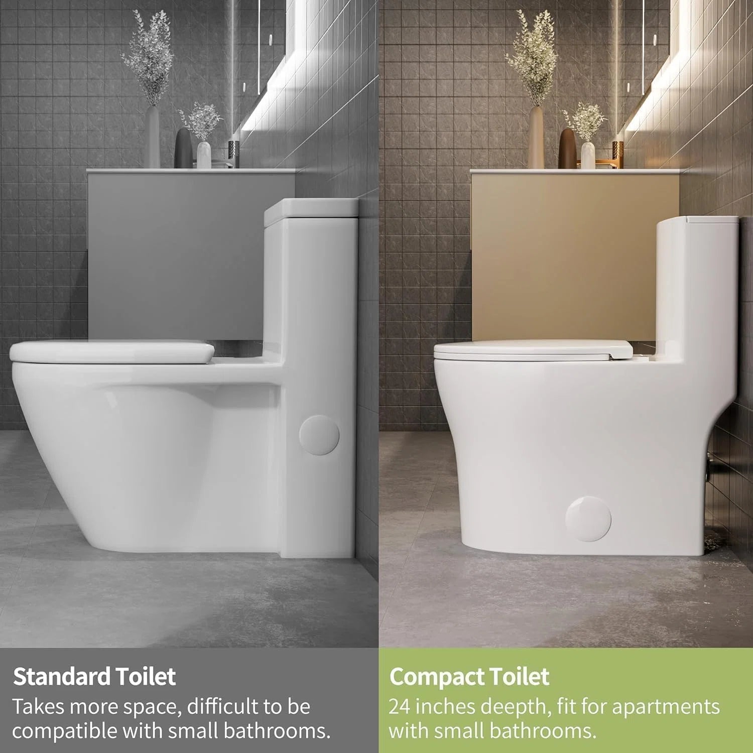 Comparison of compact round toilet design versus traditional elongated toilet, Casta Diva model CD-T003