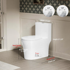 Dimensions diagram of Casta Diva compact one-piece round toilet with dual flush, model CD-T003