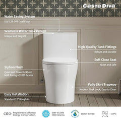 Certifications and basic features of Casta Diva one-piece round toilet including dual flush system, model CD-T003