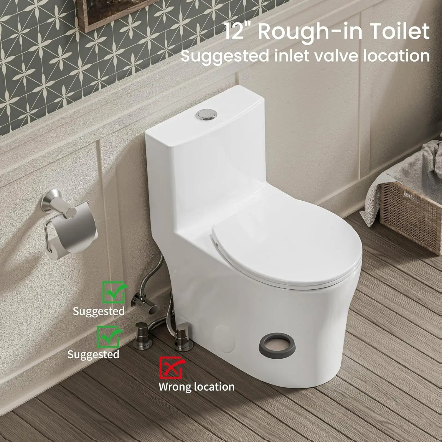 Recommended water inlet installation position for Casta Diva round one-piece toilet, model CD-T003