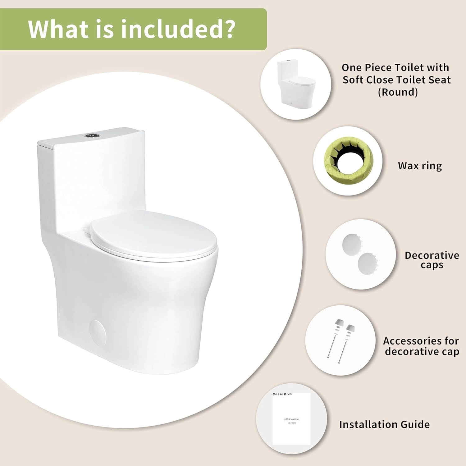 Accessories and installation kit included with Casta Diva round one-piece toilet, model CD-T003