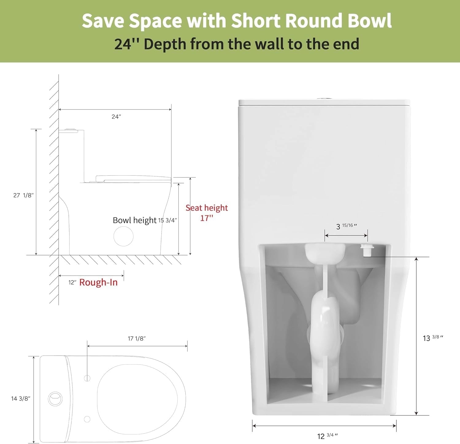 Line drawing dimensions of Casta Diva one-piece round toilet with 12-inch rough-in, model CD-T003