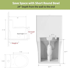 Line drawing dimensions of Casta Diva one-piece round toilet with 12-inch rough-in, model CD-T003
