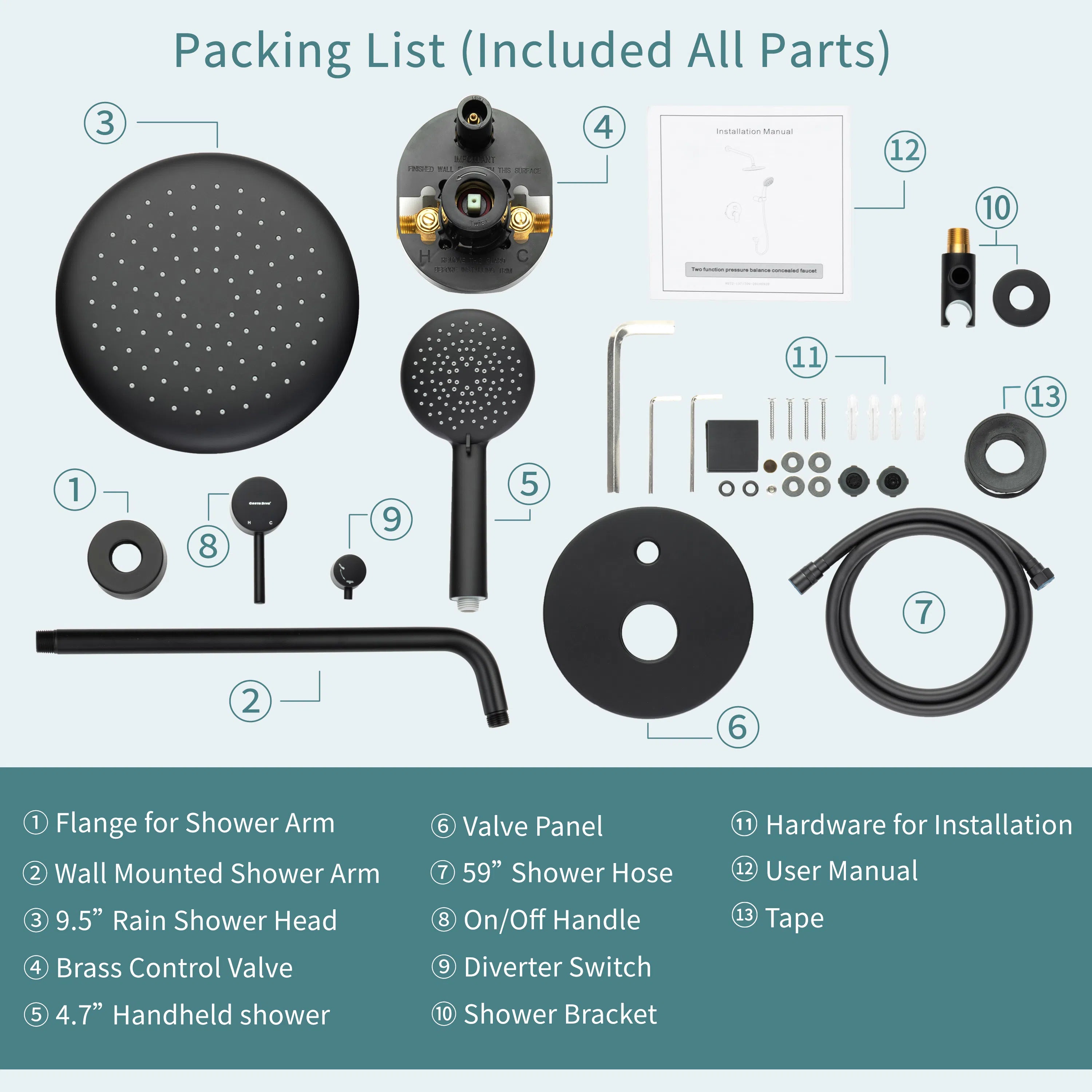 Casta Diva Rain Shower Head with Handheld Spray, Round, Black CD-S01B-6