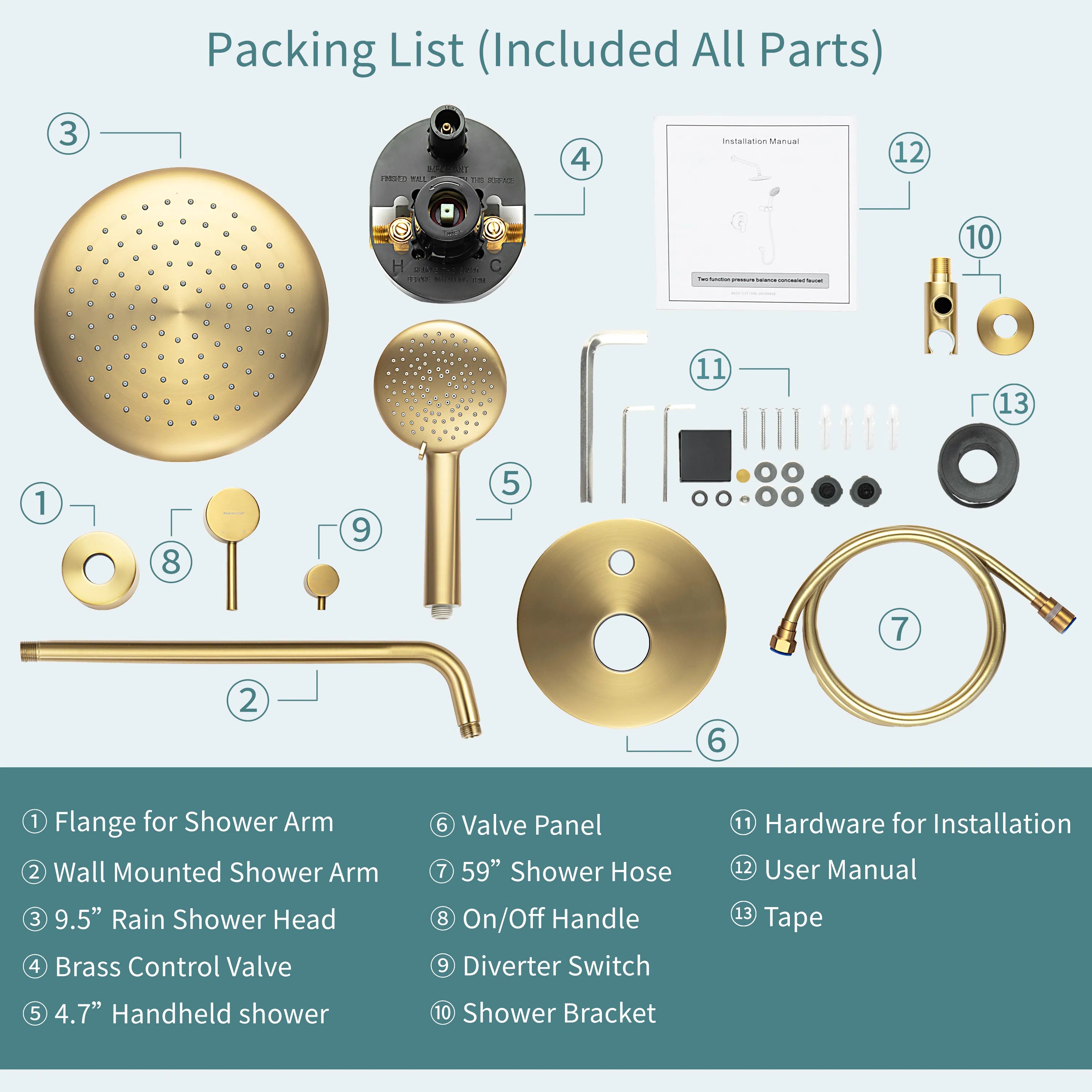 Casta Diva Rain Shower Head with Handheld Spray, Round, Brushed Gold CD-S01G-6