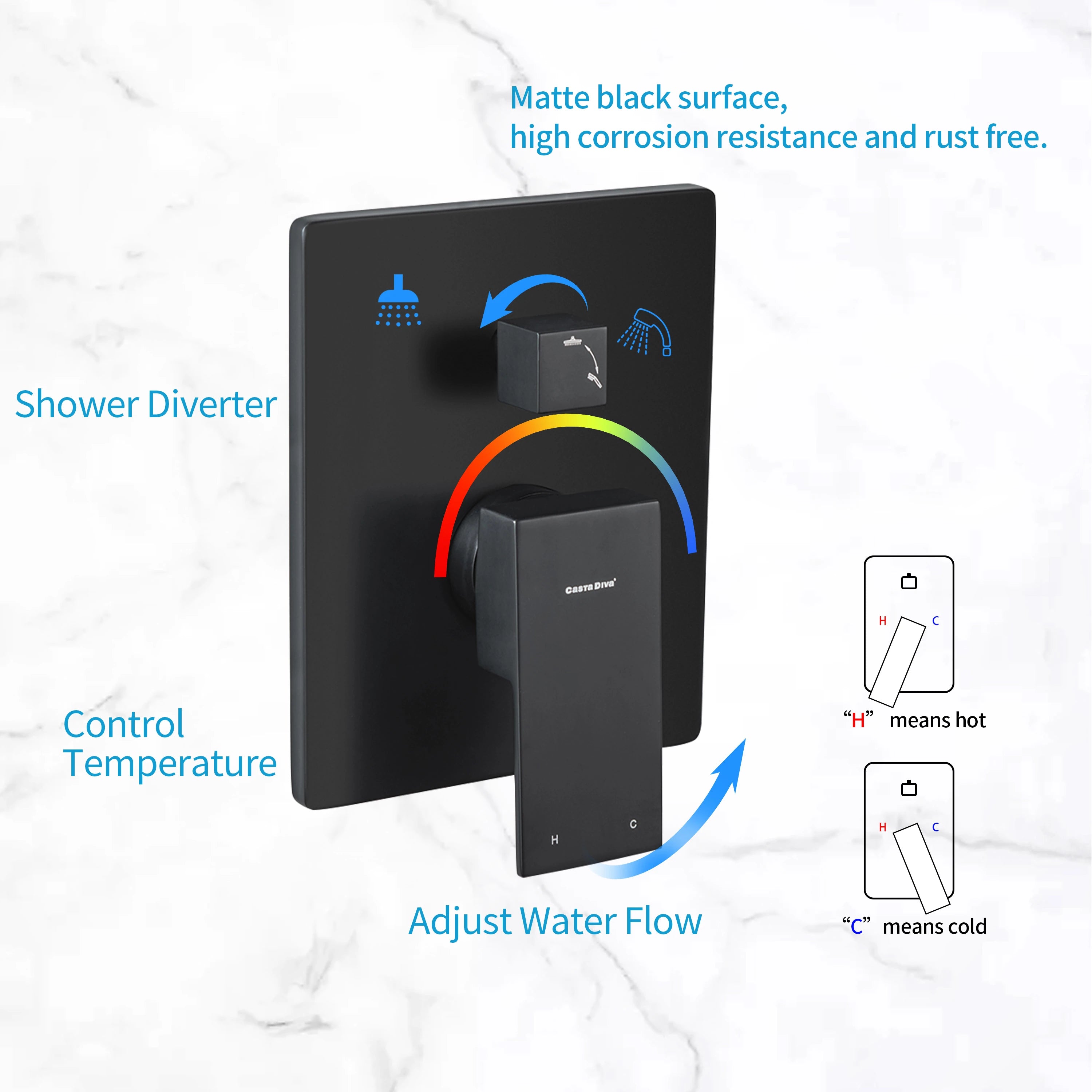 Casta Diva Rain Shower Head with Handheld Spray, Square, Black CD-S02B-6