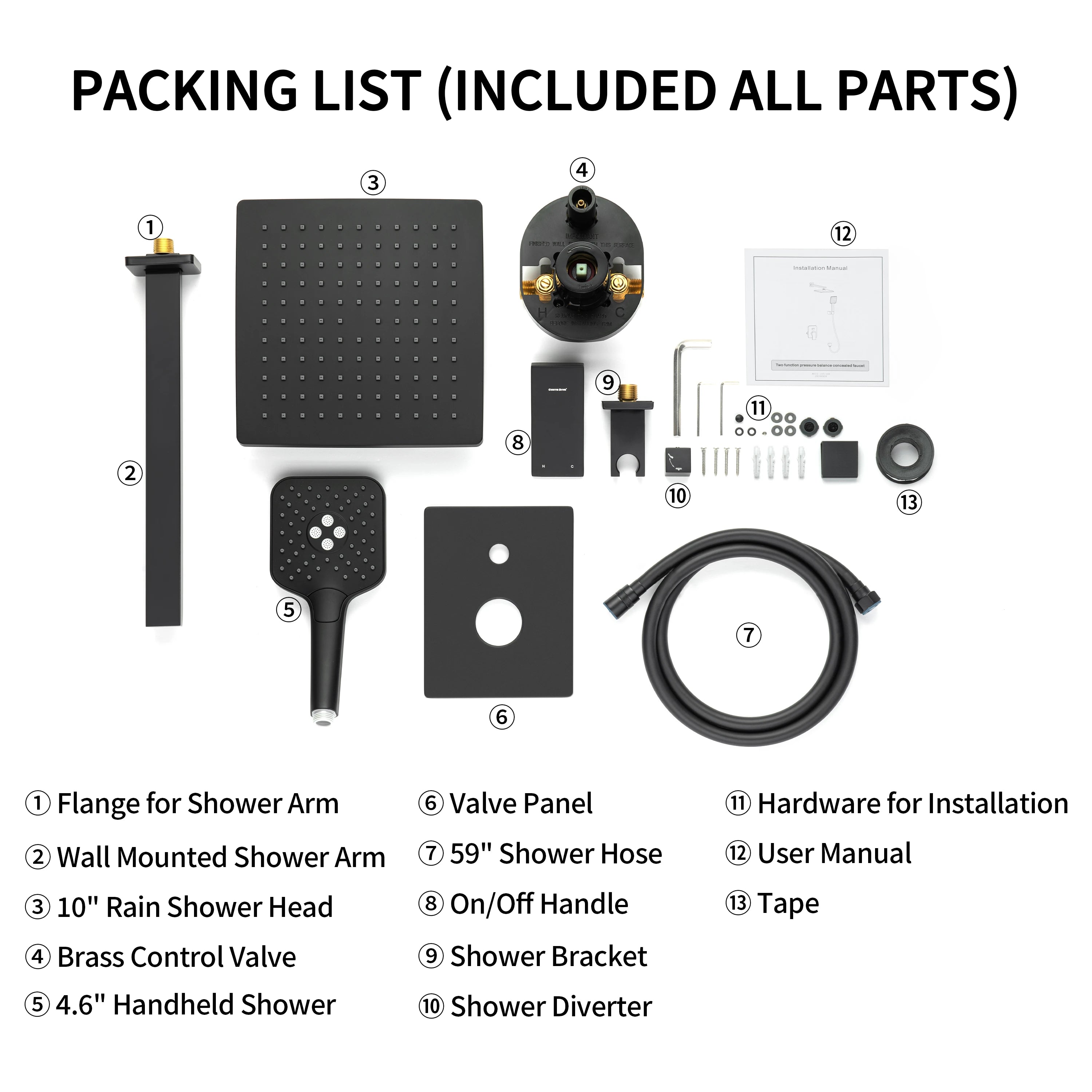 Casta Diva Rain Shower Head with Handheld Spray, Square, Black CD-S02B-9