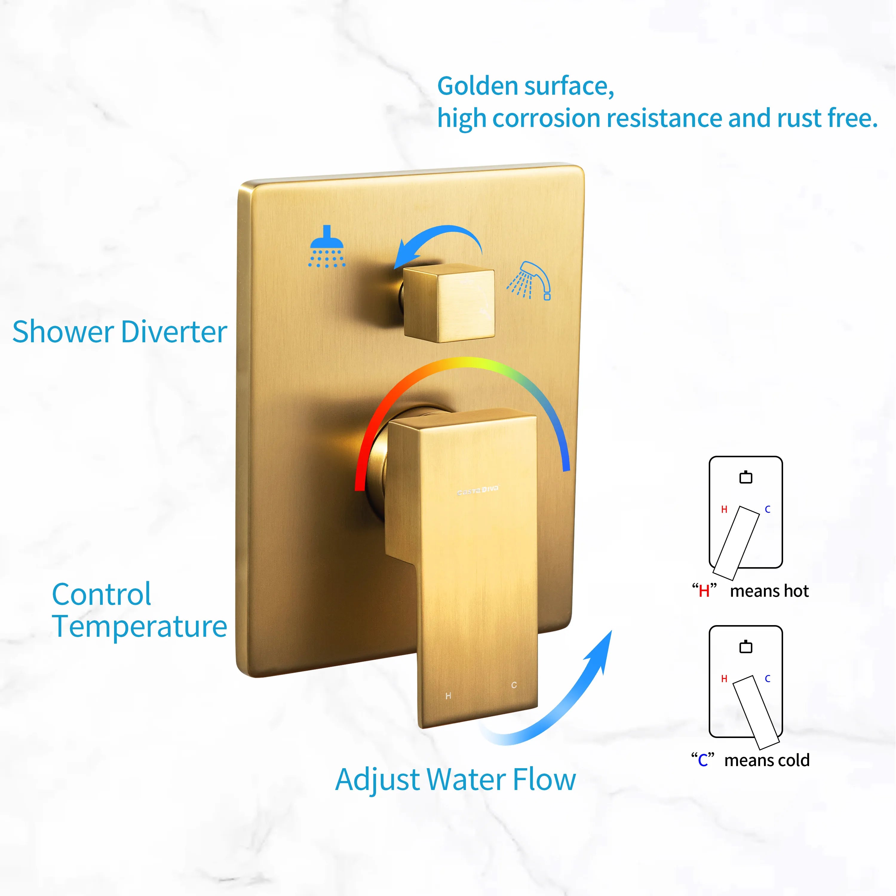 Casta Diva Rain Shower Head with Handheld Spray, Square, Brushed Gold CD-S02G-6