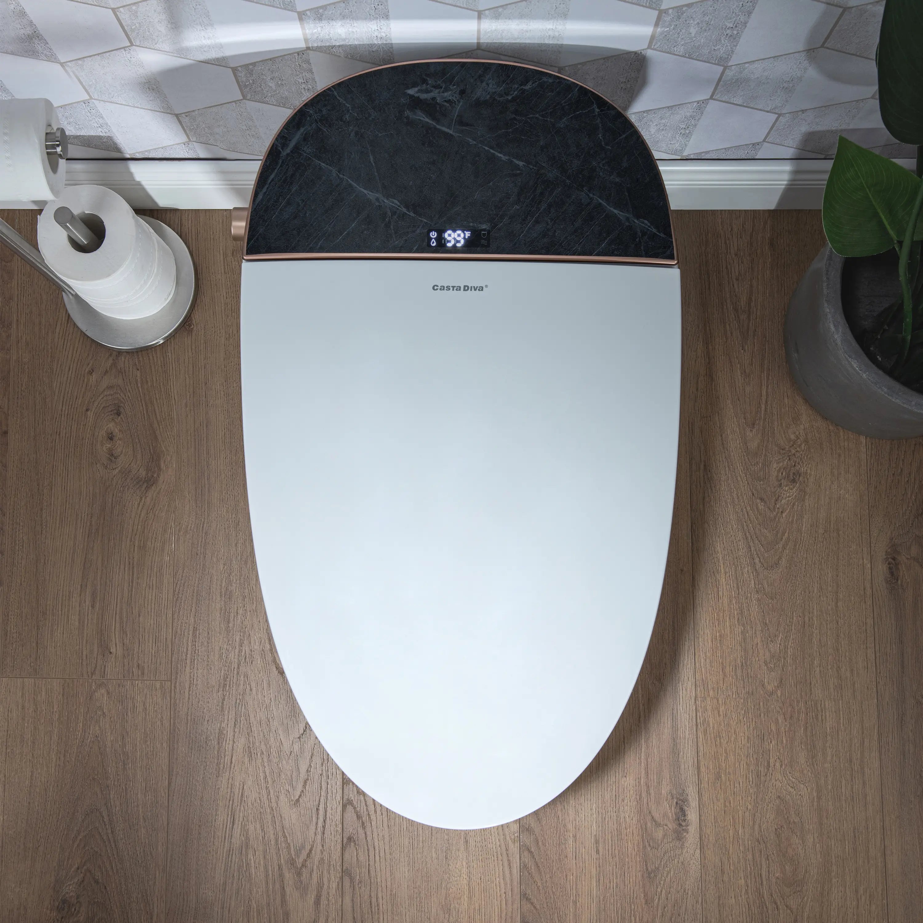 Top view of Casta Diva smart toilet showing full seat design and control layout, model CD-Y010S