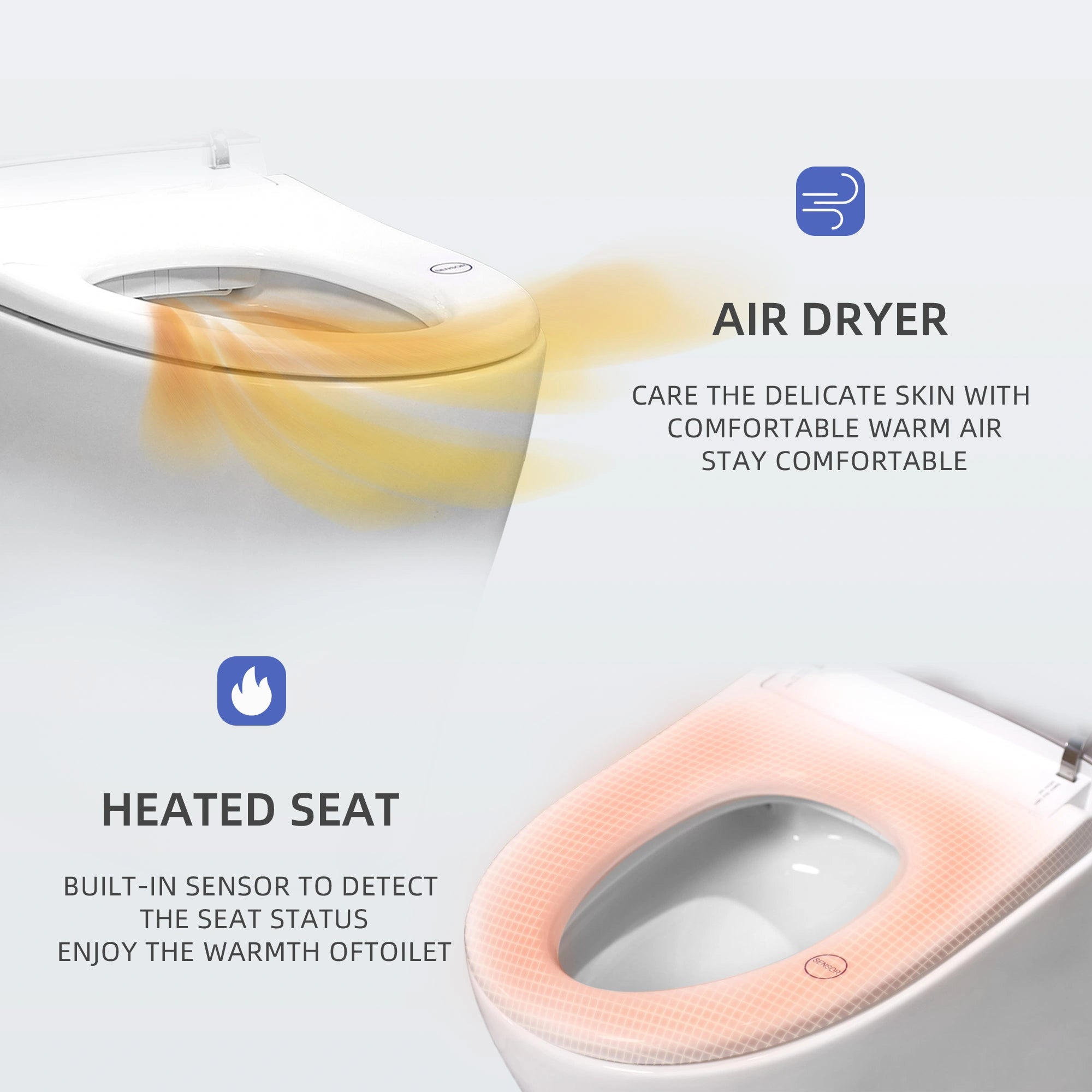 Warm air dryer and heated seat functions providing comfort on Casta Diva smart toilet, model CD-Y080