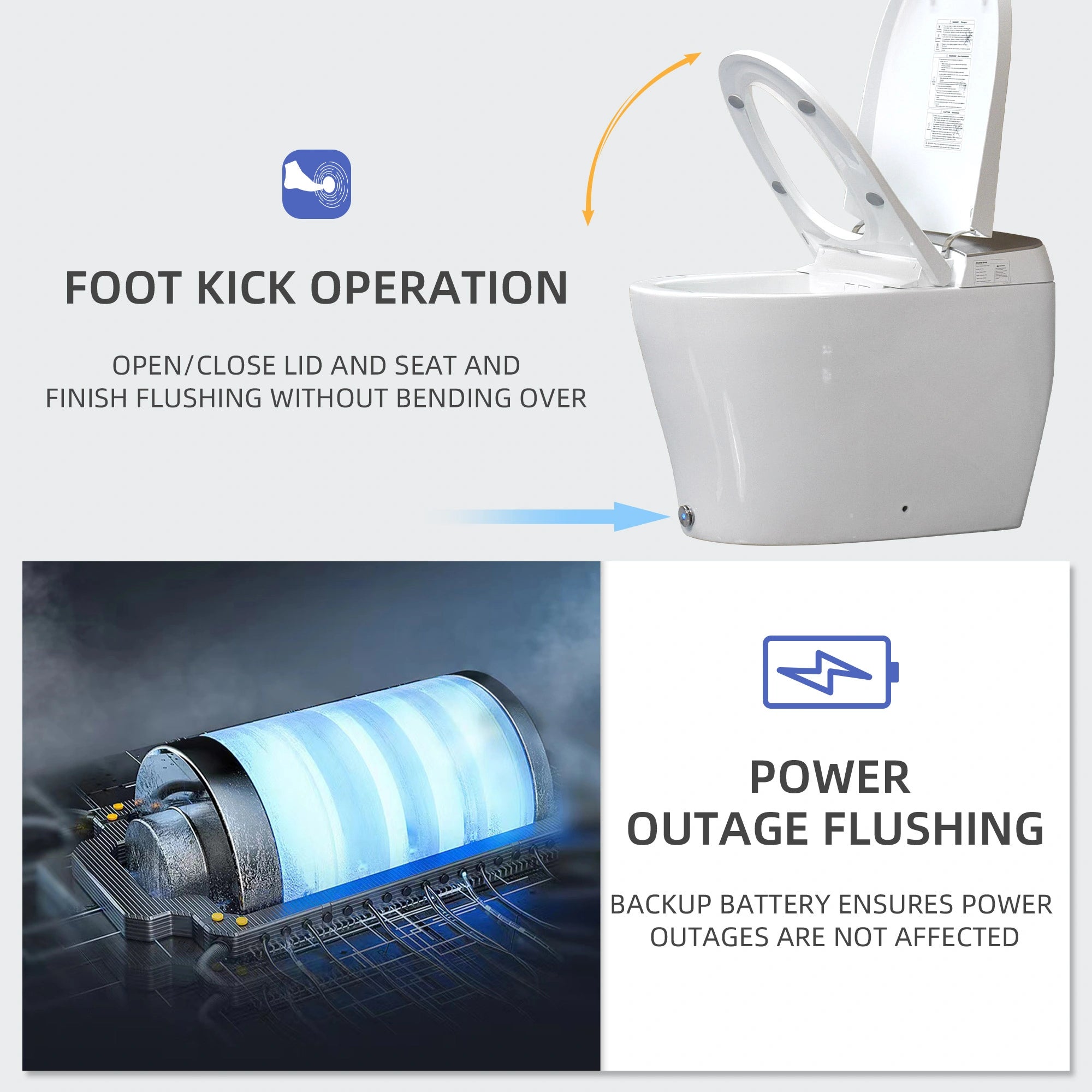 Foot sensor lid opening and emergency flush features on Casta Diva smart toilet, model CD-Y080