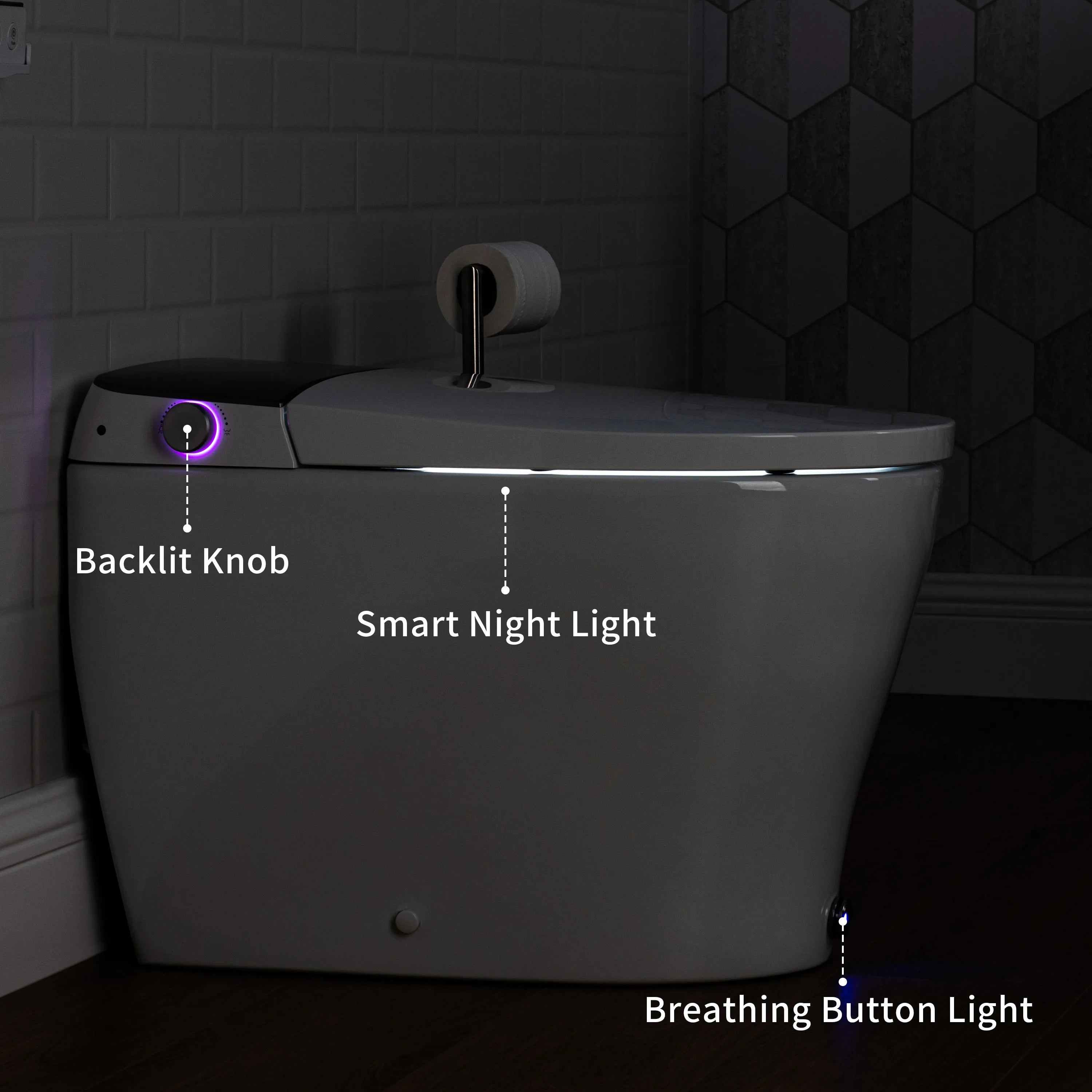 Soft night light illuminating the bowl for nighttime use on Casta Diva smart toilet, model CD-Y080