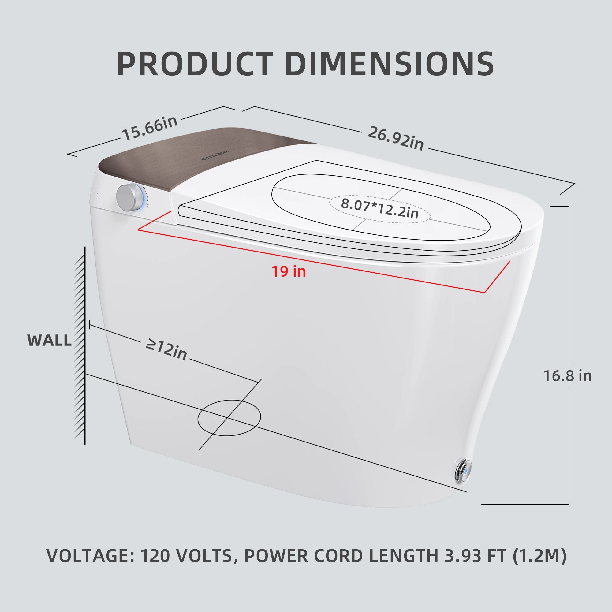 Dimensions diagram of Casta Diva smart toilet with auto flush and heated seat, model CD-Y080