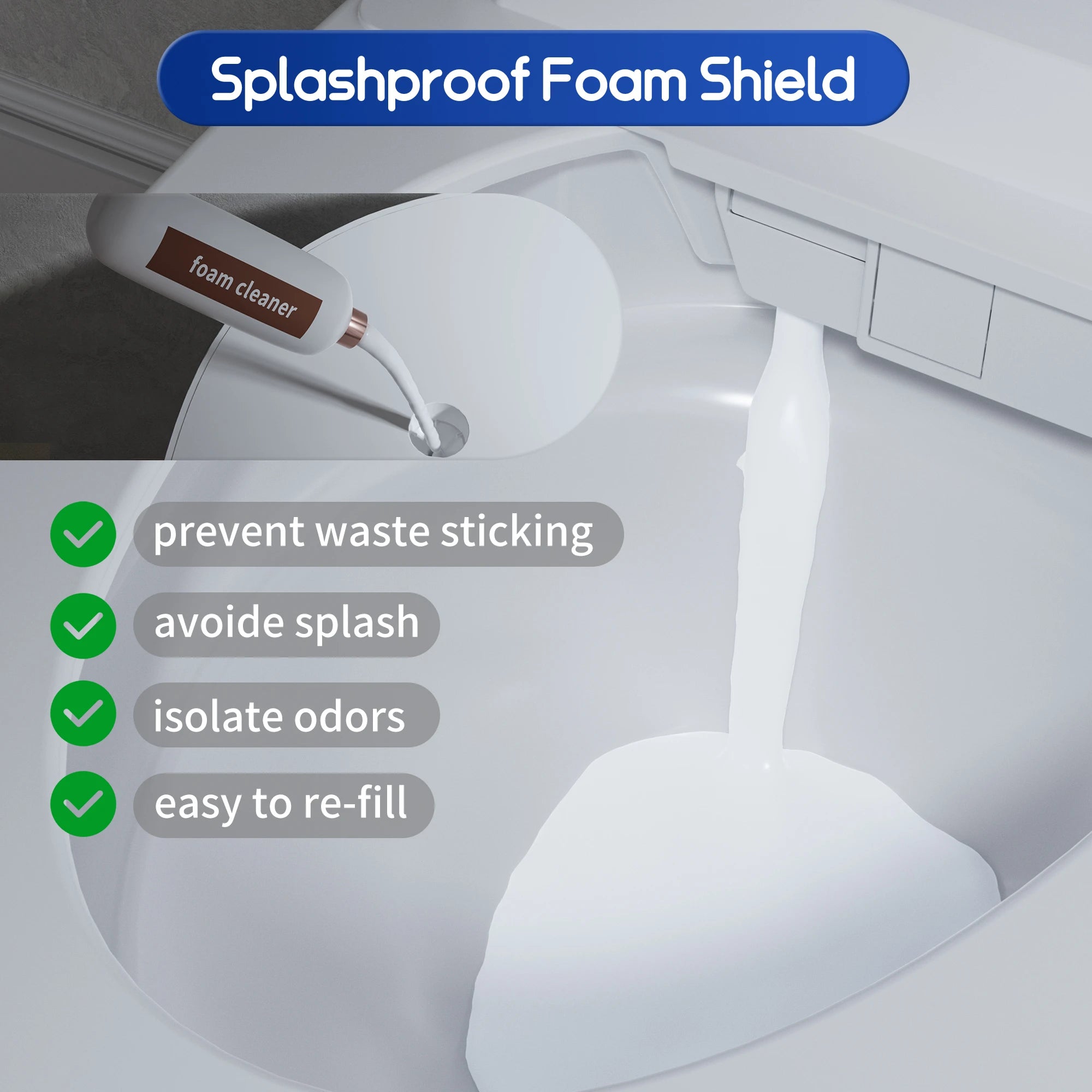 Modern toilet with black lid in a bathroom setting, labeled 'Foam Shield'.