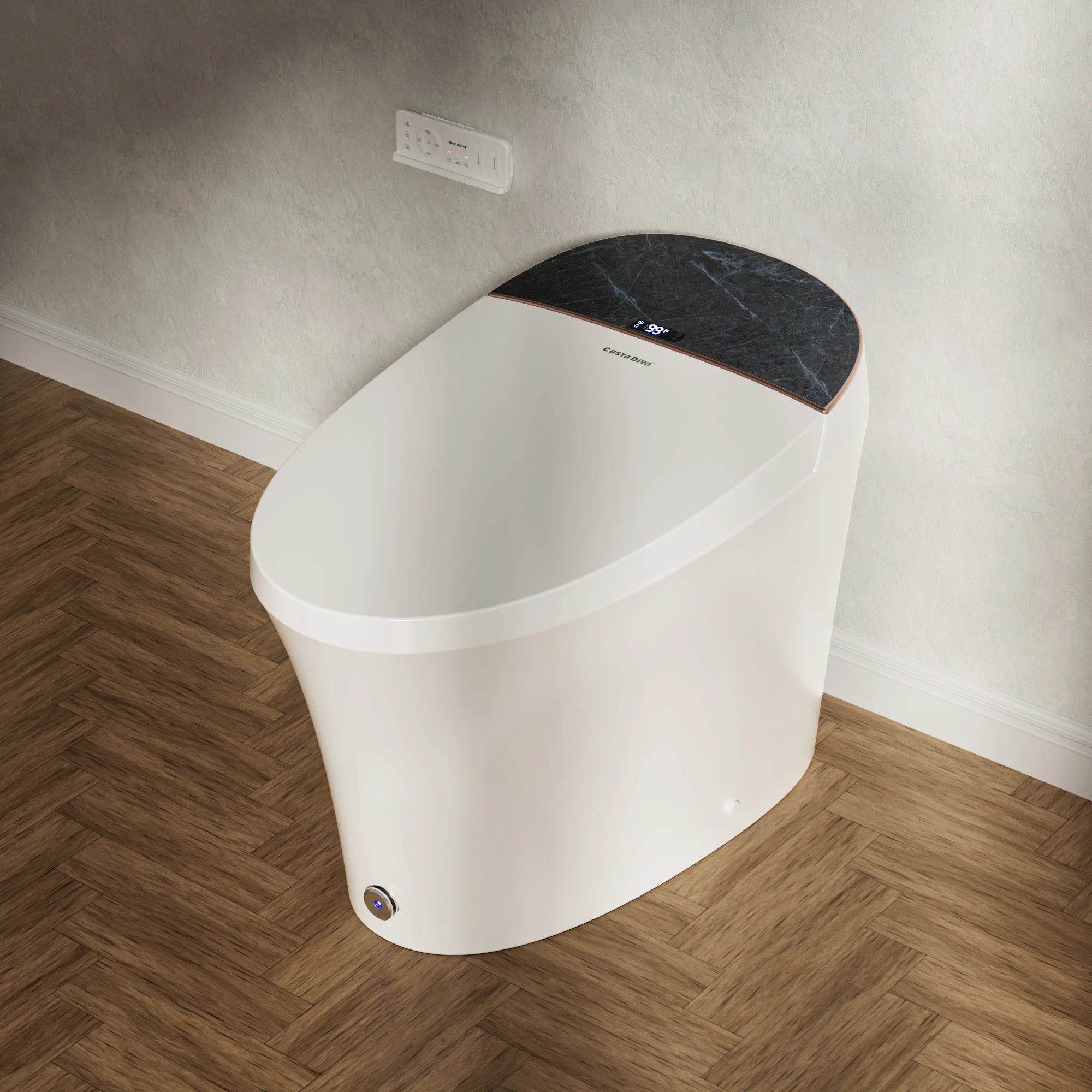 Bathroom setting with a toilet and features highlighted on the screen
