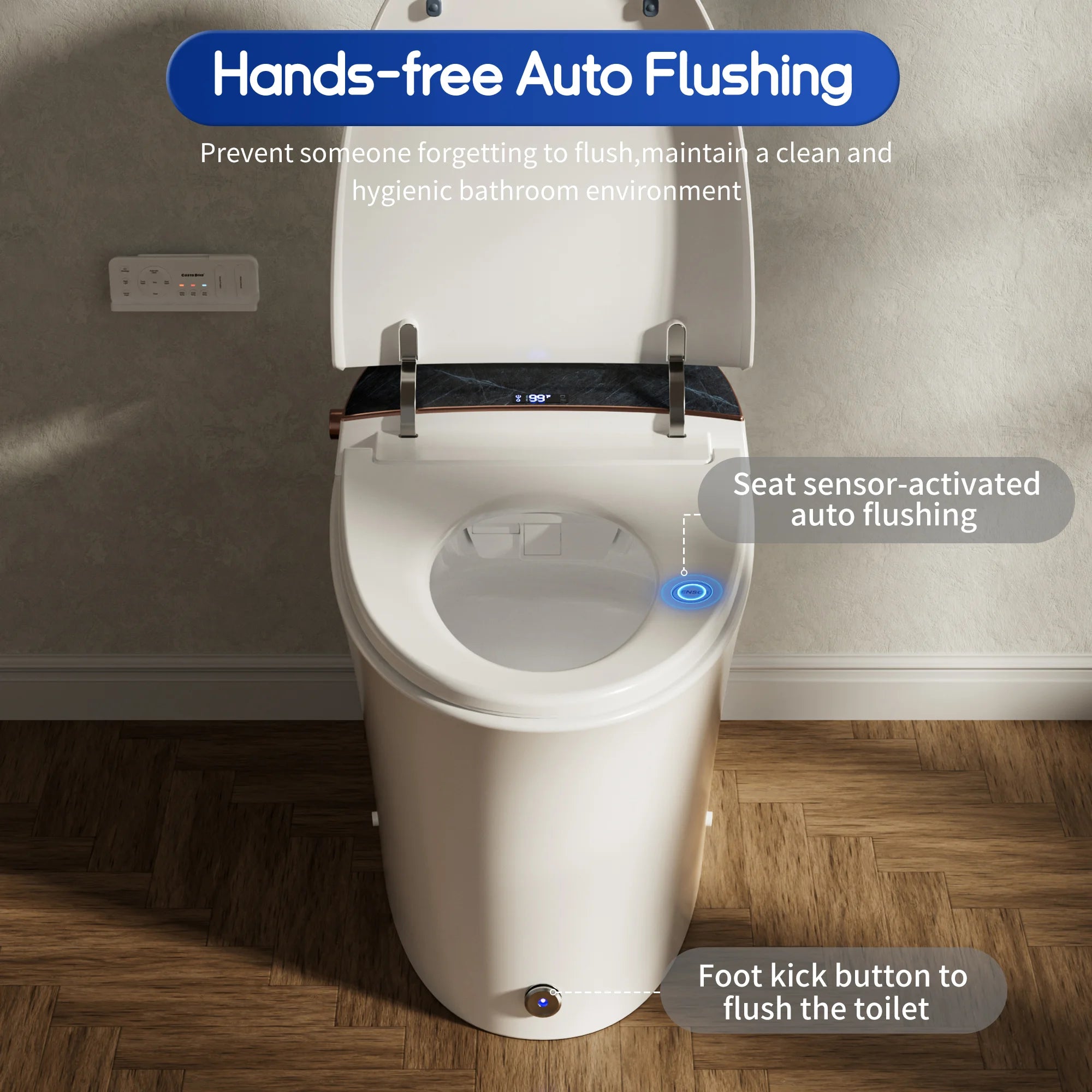 Smart toilet with hands-free auto flushing feature in a bathroom setting.