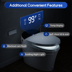 Smart toilet with digital temperature display and additional features highlighted on a dark background