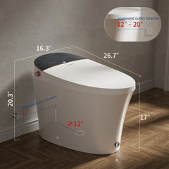 Smart toilet with dimensions and outlet location suggestions on a bathroom floor.