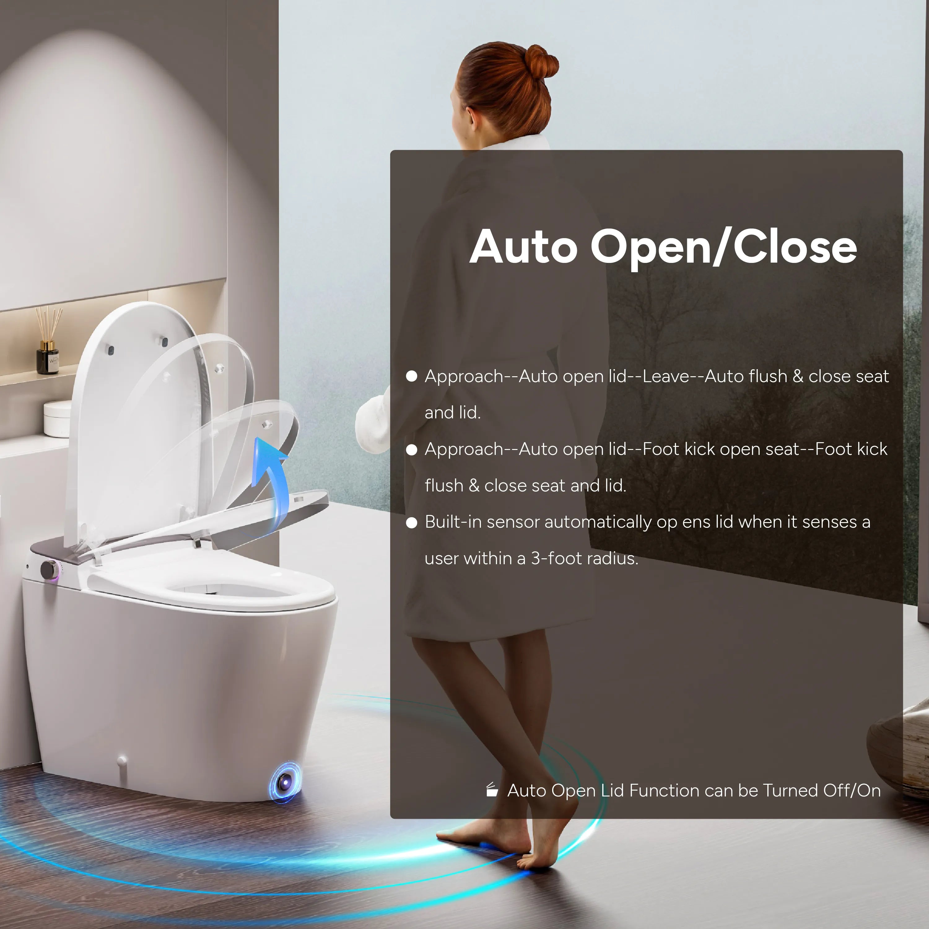 Automatic lid opening feature with motion sensor activation on Casta Diva smart toilet, model CD-Y060