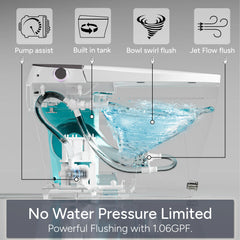 Built-in tank with pump-assisted flushing system enabling stable performance regardless of inlet pressure on Casta Diva smart toilet, model CD-Y060