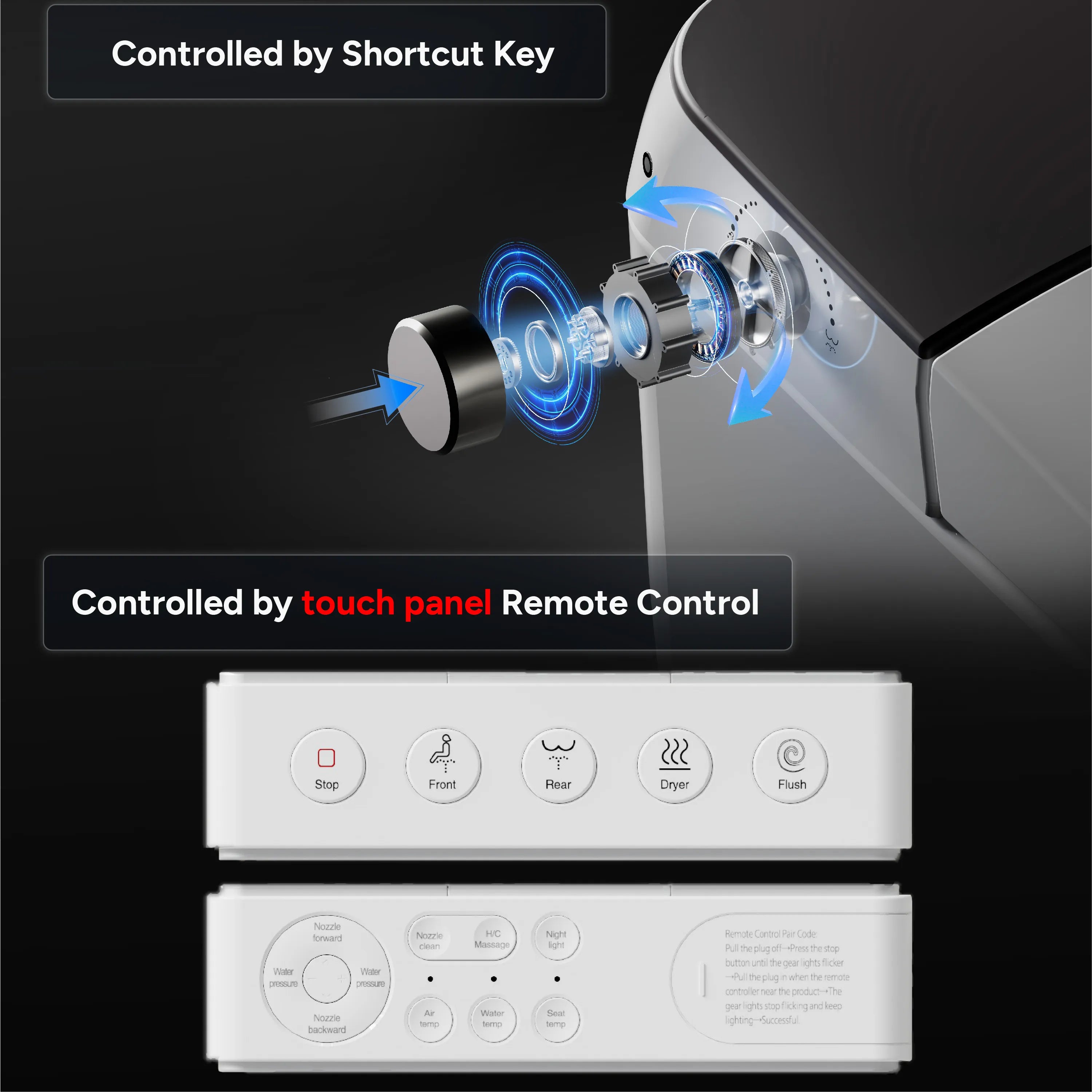 Multi-function remote control and side knob for bidet and seat settings on Casta Diva smart toilet, model CD-Y060