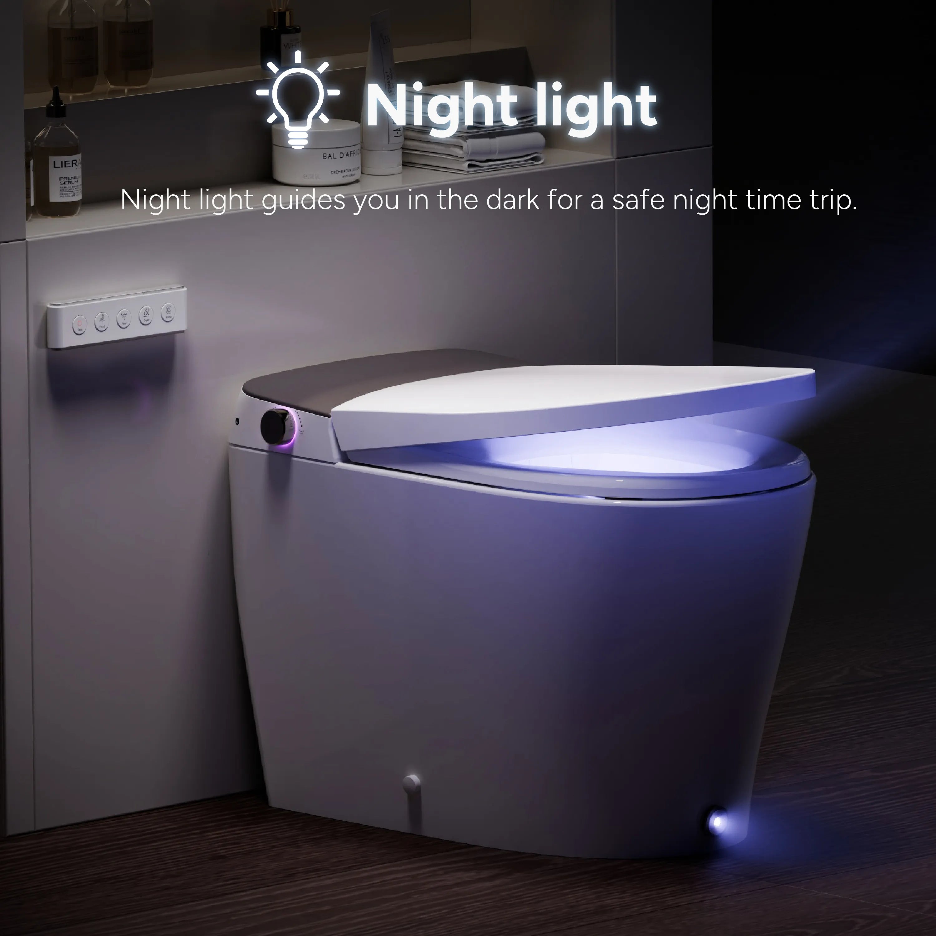Soft night light illuminating the bowl for nighttime use on Casta Diva smart toilet, model CD-Y060