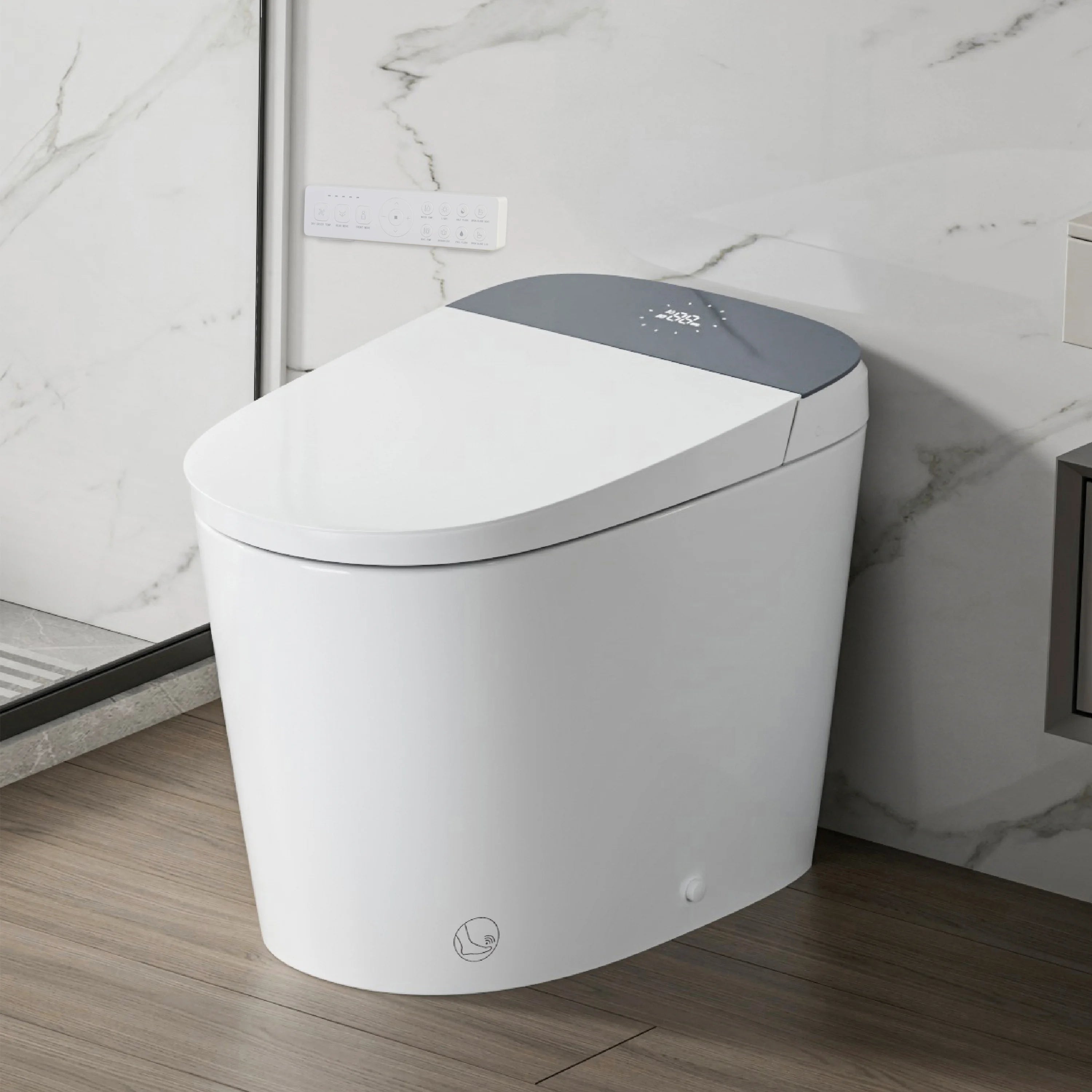 Right side view of Casta Diva smart toilet with concealed tank, auto open lid, and ADA compliant height, model CD-U010